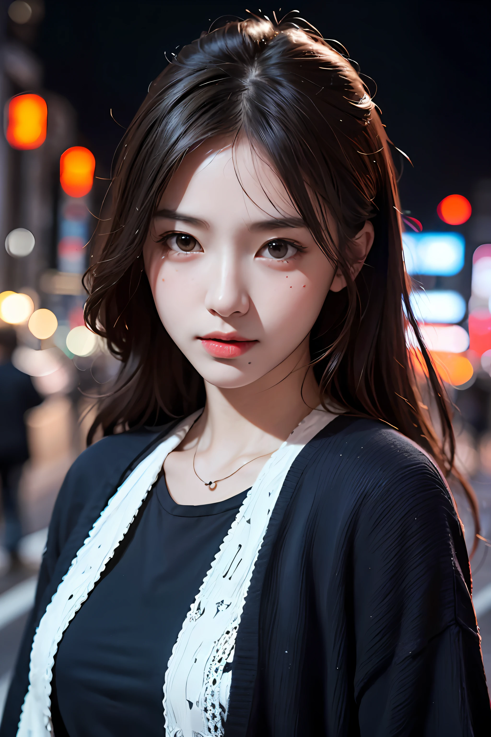 Urban beautiful girl college student, masterpiece, light makeup, red lips, silver hair, messy long hair, street background, beautiful, elegant. super fine details, master works, authentic texture, cinematic lighting realism, perfect job, 16K, hd, exquisite features,blue eyes、japanese idol、Beautiful Face、cute smile、brown hair、beautiful hair、ponytail、glamorous、perfect breasts、erect nipples、Oily muscle、shiny skin、white skin, glowing skin, bright big eyes, smooth skin, super sexy tank top, wet tank top, thin tank top