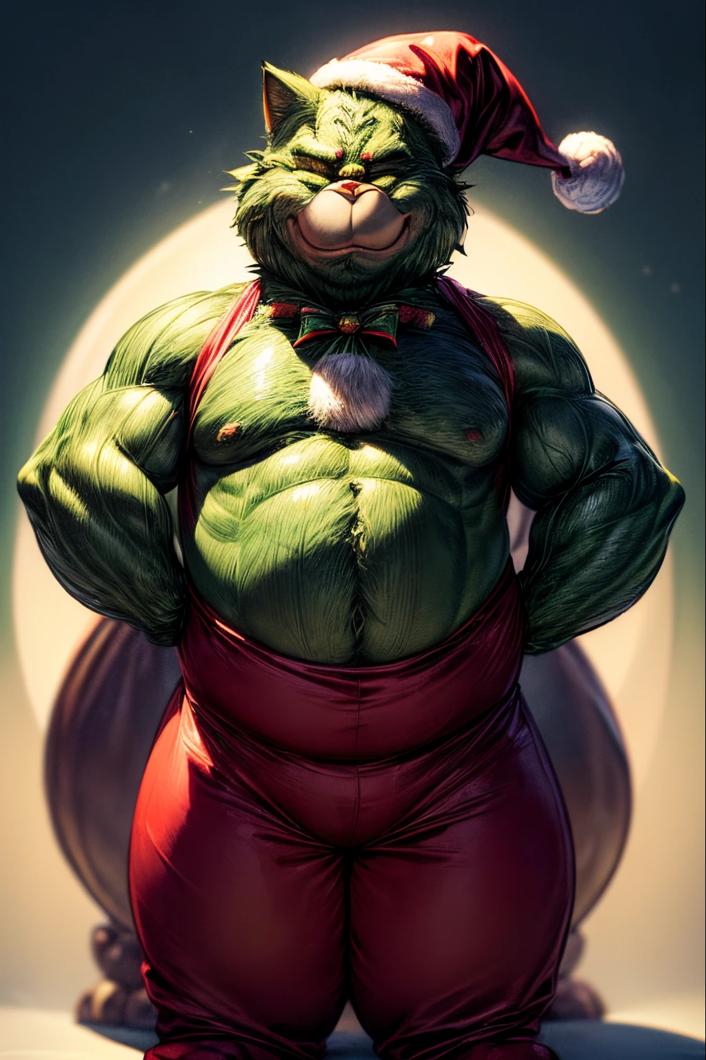 (masterpiece, best quality:1.4), male humanoid creature as Grinch ,(a green furry skin, Pot-bellied body, pear-shaped body, snub-nosed, cat-like face), (Santa Claus Costume:1.3), full body shot, --auto