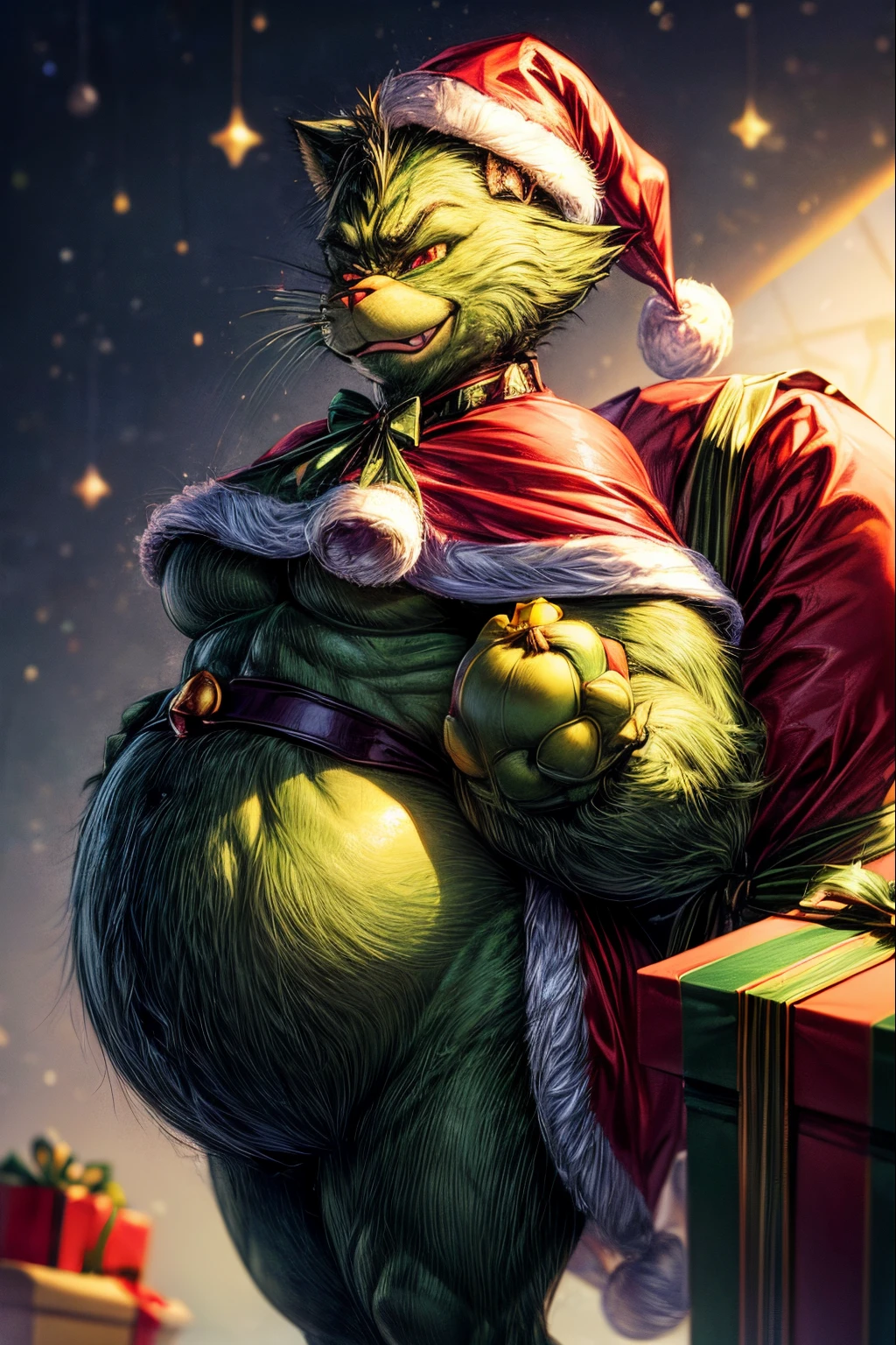 (masterpiece, best quality:1.4), male humanoid creature as Grinch ,(a green furry skin, Pot-bellied body, pear-shaped body, snub-nosed, cat-like face), (Santa Claus Costume:1.3), full body shot,