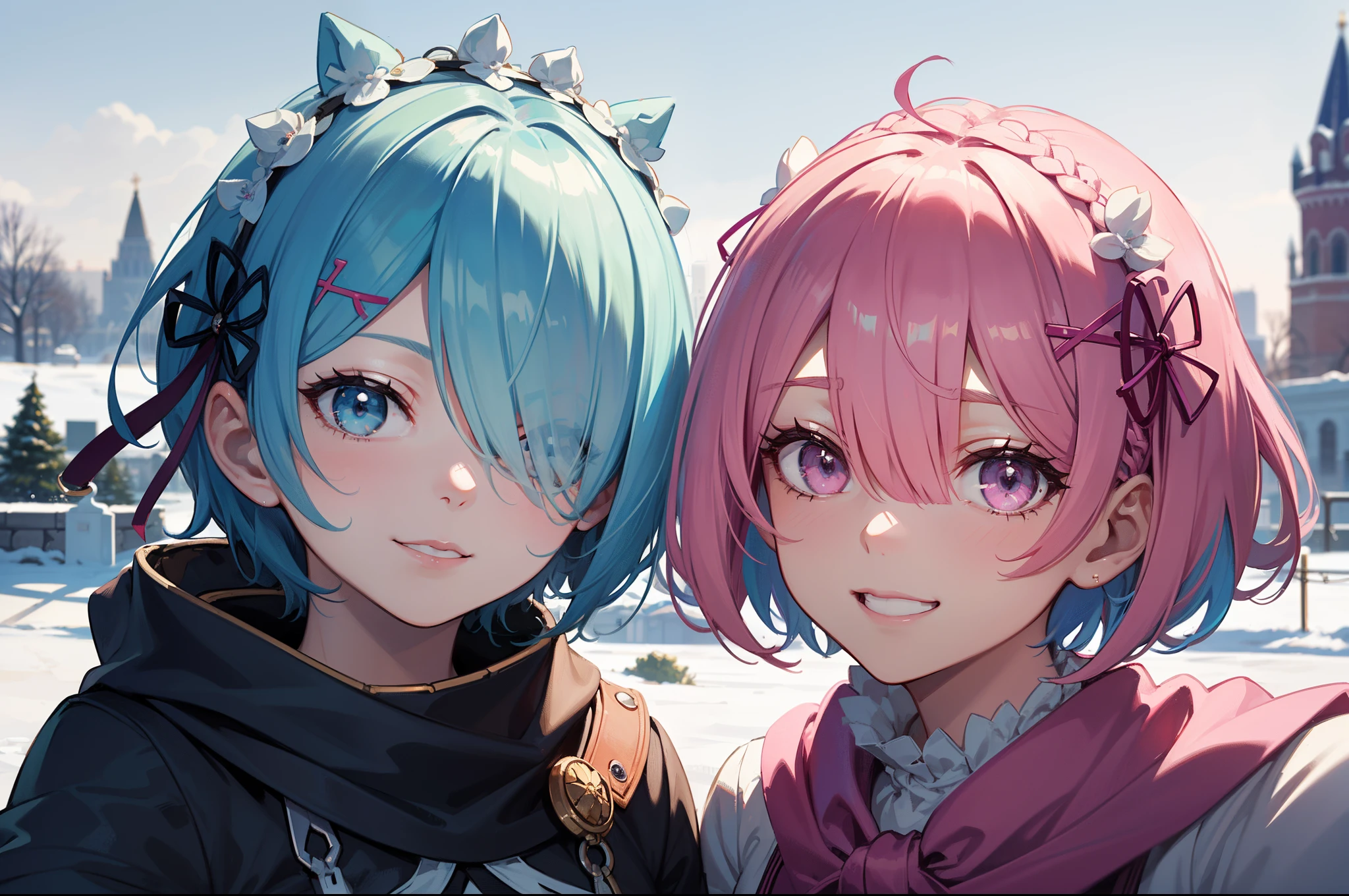 masterpiece, (2girls), couple, ((ram \(re:zero\), (pink hair), (hair tie)), (remrin:1), ramchi, (rem_re_zero, (light blue hair), (hair tie)), (short hair:1.5), (hair over one eye:1.25):1.35), (wearing warm cloth:1.5), boobs, (funny face expression:1.3), (smiling face:1.2), (detailed body, detailed hands, detailed faces:1.3), (selfie:1.5), Russia in winter background, Kremlin on background