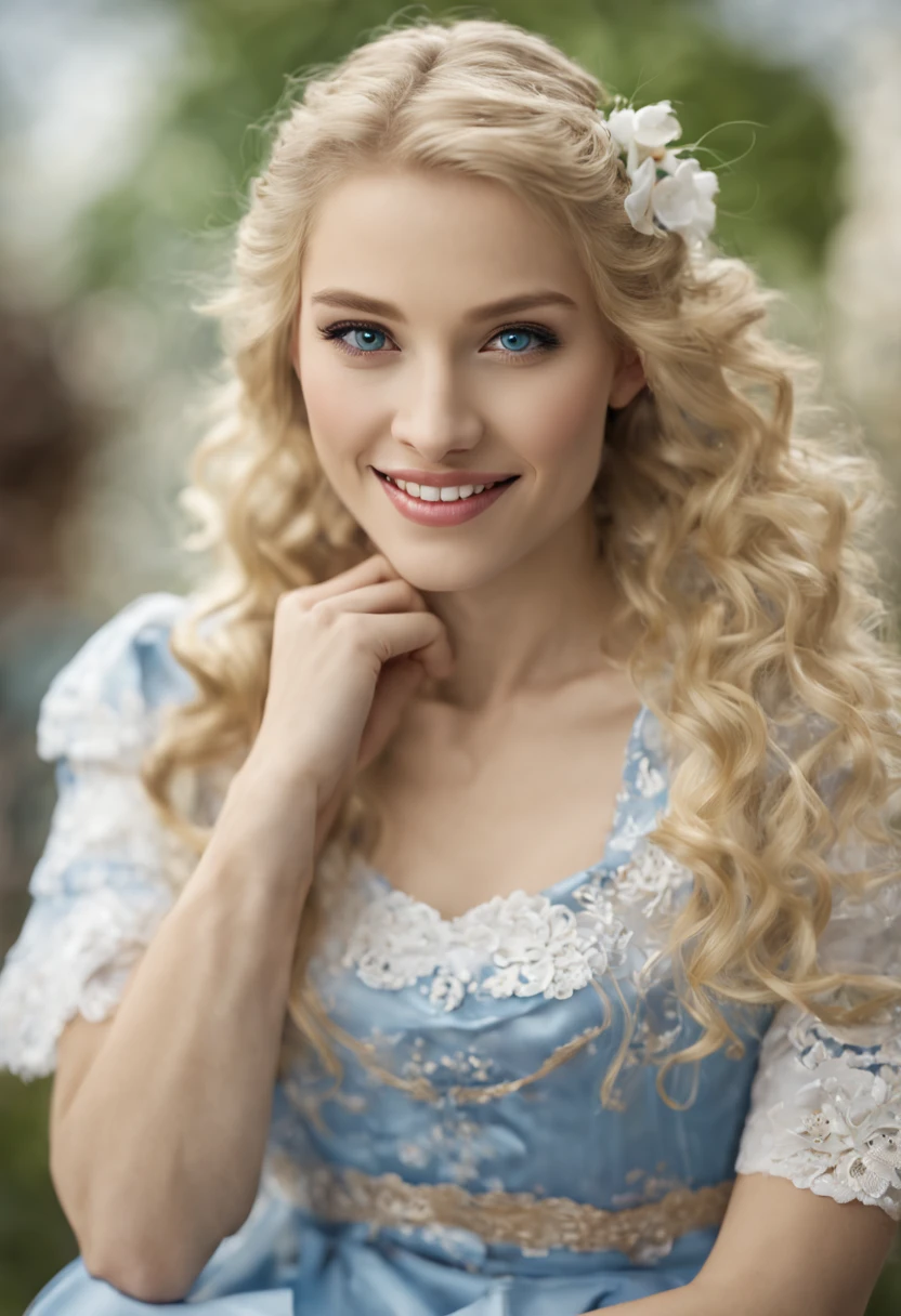The person being described is a Caucasian individual with fair complexion, referred to as a true Russian girl. They have the facial characteristics of a goose, plump body, and are dressed in blue and white clothes made from high-quality fabric. The person is wearing a beautiful high-necked skirt that accentuates their appearance. They have super white skin, blonde hair, blue eyes, and a sweet smile. The description suggests that they are sitting at home and directly smiling, projecting a bright and cheerful demeanor. The image of this person is of exceptional quality, with a super clear 8K resolution. --ar 3:4 --v 5.2 --style raw