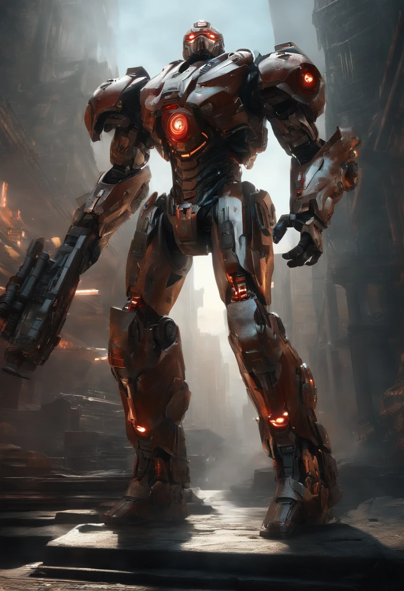 (an 8K,highres,ultra-detailed,masterpiece:1.2) cyborg warrior with a metallic body and glowing red eyes, (realistic,physically-based rendering) reflecting light in a mesmerizing way. Equipped with a powerful arsenal of futuristic weaponry, this (ultra-fine painting) masterpiece portrays the ultimate fusion of technology and warfare. The robotic soldier stands tall, with intricate (mechanical joints and pistons), radiating strength and power. Its (sharp focus) showcases the most intricate details of its armor, accentuating the futuristic design. The background is a dystopian cityscape, bathed in (vivid colors) that contrast the cold metallic hues of the robotic warrior. The lighting is (studio lighting:1.1), casting dramatic shadows and enhancing the overall atmosphere. With an influence from (sci-fi) and (concept artists), this artwork transports us to a world where advanced technology and art converge, captivating our imagination and blurring the lines between reality and fantasy.