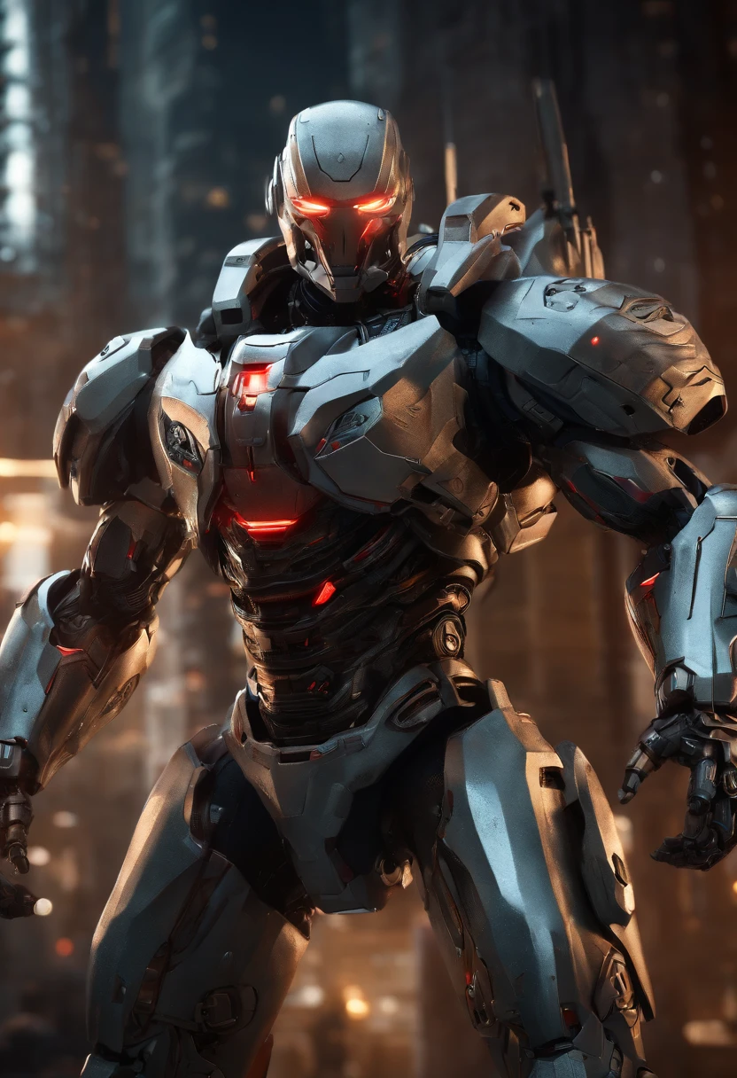 (an 8K,highres,ultra-detailed,masterpiece:1.2) cyborg warrior with a metallic body and glowing red eyes, (realistic,physically-based rendering) reflecting light in a mesmerizing way. Equipped with a powerful arsenal of futuristic weaponry, this (ultra-fine painting) masterpiece portrays the ultimate fusion of technology and warfare. The robotic soldier stands tall, with intricate (mechanical joints and pistons), radiating strength and power. Its (sharp focus) showcases the most intricate details of its armor, accentuating the futuristic design. The background is a dystopian cityscape, bathed in (vivid colors) that contrast the cold metallic hues of the robotic warrior. The lighting is (studio lighting:1.1), casting dramatic shadows and enhancing the overall atmosphere. With an influence from (sci-fi) and (concept artists), this artwork transports us to a world where advanced technology and art converge, captivating our imagination and blurring the lines between reality and fantasy.