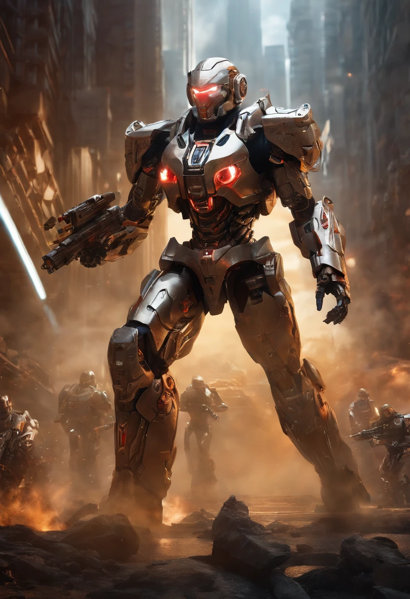 (an 8K,highres,ultra-detailed,masterpiece:1.2) cyborg warrior with a metallic body and glowing red eyes, (realistic,physically-based rendering) reflecting light in a mesmerizing way. Equipped with a powerful arsenal of futuristic weaponry, this (ultra-fine painting) masterpiece portrays the ultimate fusion of technology and warfare. The robotic soldier stands tall, with intricate (mechanical joints and pistons), radiating strength and power. Its (sharp focus) showcases the most intricate details of its armor, accentuating the futuristic design. The background is a dystopian cityscape, bathed in (vivid colors) that contrast the cold metallic hues of the robotic warrior. The lighting is (studio lighting:1.1), casting dramatic shadows and enhancing the overall atmosphere. With an influence from (sci-fi) and (concept artists), this artwork transports us to a world where advanced technology and art converge, captivating our imagination and blurring the lines between reality and fantasy.