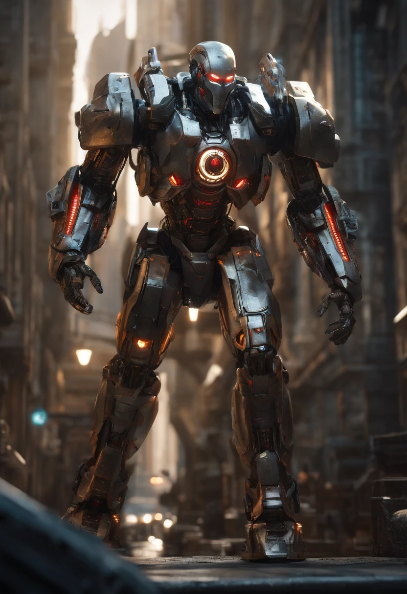 (an 8K,highres,ultra-detailed,masterpiece:1.2) cyborg warrior with a metallic body and glowing red eyes, (realistic,physically-based rendering) reflecting light in a mesmerizing way. Equipped with a powerful arsenal of futuristic weaponry, this (ultra-fine painting) masterpiece portrays the ultimate fusion of technology and warfare. The robotic soldier stands tall, with intricate (mechanical joints and pistons), radiating strength and power. Its (sharp focus) showcases the most intricate details of its armor, accentuating the futuristic design. The background is a dystopian cityscape, bathed in (vivid colors) that contrast the cold metallic hues of the robotic warrior. The lighting is (studio lighting:1.1), casting dramatic shadows and enhancing the overall atmosphere. With an influence from (sci-fi) and (concept artists), this artwork transports us to a world where advanced technology and art converge, captivating our imagination and blurring the lines between reality and fantasy.