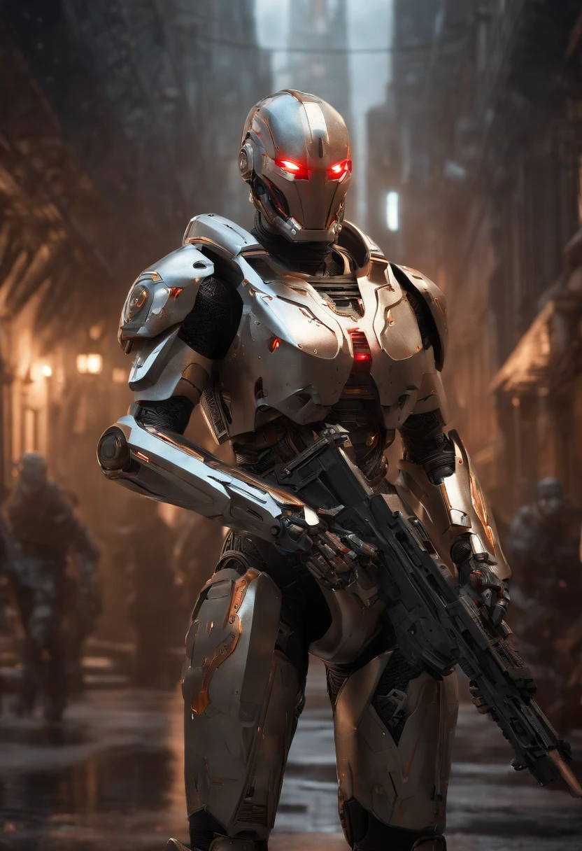 (an 8K,highres,ultra-detailed,masterpiece:1.2) cyborg warrior with a metallic body and glowing red eyes, (realistic,physically-based rendering) reflecting light in a mesmerizing way. Equipped with a powerful arsenal of futuristic weaponry, this (ultra-fine painting) masterpiece portrays the ultimate fusion of technology and warfare. The robotic soldier stands tall, with intricate (mechanical joints and pistons), radiating strength and power. Its (sharp focus) showcases the most intricate details of its armor, accentuating the futuristic design. The background is a dystopian cityscape, bathed in (vivid colors) that contrast the cold metallic hues of the robotic warrior. The lighting is (studio lighting:1.1), casting dramatic shadows and enhancing the overall atmosphere. With an influence from (sci-fi) and (concept artists), this artwork transports us to a world where advanced technology and art converge, captivating our imagination and blurring the lines between reality and fantasy.