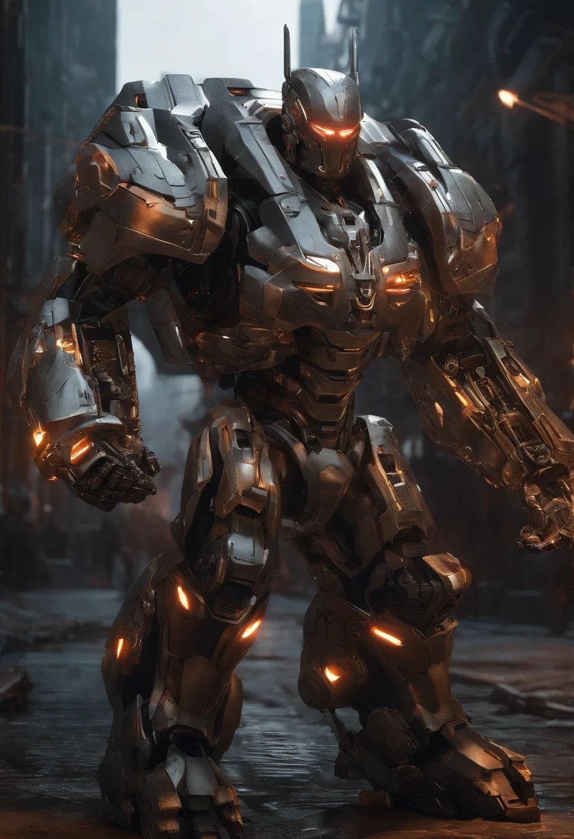 (an 8K,highres,ultra-detailed,masterpiece:1.2) cyborg warrior with a metallic body and glowing red eyes, (realistic,physically-based rendering) reflecting light in a mesmerizing way. Equipped with a powerful arsenal of futuristic weaponry, this (ultra-fine painting) masterpiece portrays the ultimate fusion of technology and warfare. The robotic soldier stands tall, with intricate (mechanical joints and pistons), radiating strength and power. Its (sharp focus) showcases the most intricate details of its armor, accentuating the futuristic design. The background is a dystopian cityscape, bathed in (vivid colors) that contrast the cold metallic hues of the robotic warrior. The lighting is (studio lighting:1.1), casting dramatic shadows and enhancing the overall atmosphere. With an influence from (sci-fi) and (concept artists), this artwork transports us to a world where advanced technology and art converge, captivating our imagination and blurring the lines between reality and fantasy.