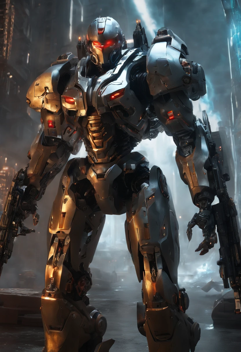 (an 8K,highres,ultra-detailed,masterpiece:1.2) cyborg warrior with a metallic body and glowing red eyes, (realistic,physically-based rendering) reflecting light in a mesmerizing way. Equipped with a powerful arsenal of futuristic weaponry, this (ultra-fine painting) masterpiece portrays the ultimate fusion of technology and warfare. The robotic soldier stands tall, with intricate (mechanical joints and pistons), radiating strength and power. Its (sharp focus) showcases the most intricate details of its armor, accentuating the futuristic design. The background is a dystopian cityscape, bathed in (vivid colors) that contrast the cold metallic hues of the robotic warrior. The lighting is (studio lighting:1.1), casting dramatic shadows and enhancing the overall atmosphere. With an influence from (sci-fi) and (concept artists), this artwork transports us to a world where advanced technology and art converge, captivating our imagination and blurring the lines between reality and fantasy.
