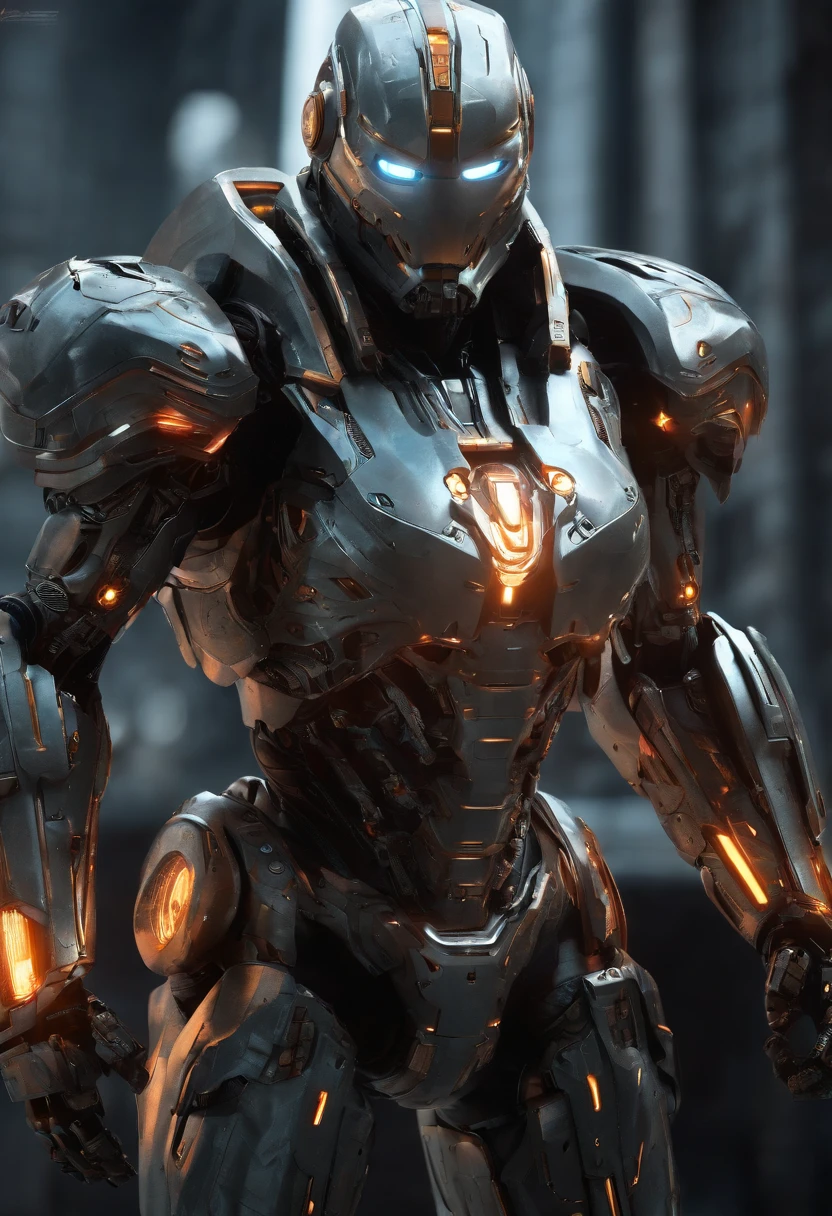 (an 8K,highres,ultra-detailed,masterpiece:1.2) cyborg warrior with a metallic body and glowing red eyes, (realistic,physically-based rendering) reflecting light in a mesmerizing way. Equipped with a powerful arsenal of futuristic weaponry, this (ultra-fine painting) masterpiece portrays the ultimate fusion of technology and warfare. The robotic soldier stands tall, with intricate (mechanical joints and pistons), radiating strength and power. Its (sharp focus) showcases the most intricate details of its armor, accentuating the futuristic design. The background is a dystopian cityscape, bathed in (vivid colors) that contrast the cold metallic hues of the robotic warrior. The lighting is (studio lighting:1.1), casting dramatic shadows and enhancing the overall atmosphere. With an influence from (sci-fi) and (concept artists), this artwork transports us to a world where advanced technology and art converge, captivating our imagination and blurring the lines between reality and fantasy.