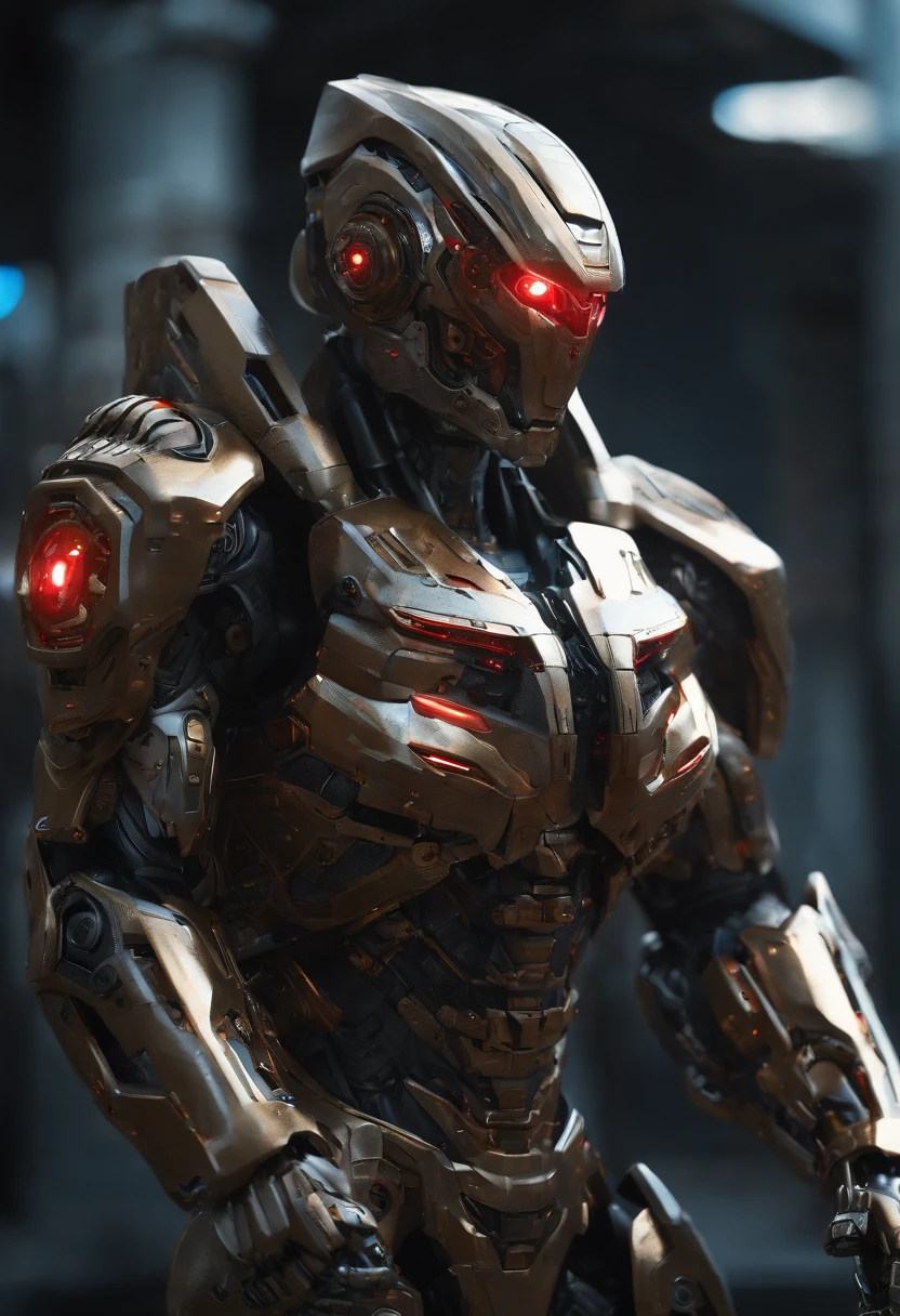 (an 8K,highres,ultra-detailed,masterpiece:1.2) cyborg warrior with a metallic body and glowing red eyes, (realistic,physically-based rendering) reflecting light in a mesmerizing way. Equipped with a powerful arsenal of futuristic weaponry, this (ultra-fine painting) masterpiece portrays the ultimate fusion of technology and warfare. The robotic soldier stands tall, with intricate (mechanical joints and pistons), radiating strength and power. Its (sharp focus) showcases the most intricate details of its armor, accentuating the futuristic design. The background is a dystopian cityscape, bathed in (vivid colors) that contrast the cold metallic hues of the robotic warrior. The lighting is (studio lighting:1.1), casting dramatic shadows and enhancing the overall atmosphere. With an influence from (sci-fi) and (concept artists), this artwork transports us to a world where advanced technology and art converge, captivating our imagination and blurring the lines between reality and fantasy.