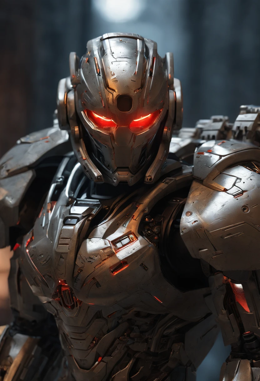 (an 8K,highres,ultra-detailed,masterpiece:1.2) cyborg warrior with a metallic body and glowing red eyes, (realistic,physically-based rendering) reflecting light in a mesmerizing way. Equipped with a powerful arsenal of futuristic weaponry, this (ultra-fine painting) masterpiece portrays the ultimate fusion of technology and warfare. The robotic soldier stands tall, with intricate (mechanical joints and pistons), radiating strength and power. Its (sharp focus) showcases the most intricate details of its armor, accentuating the futuristic design. The background is a dystopian cityscape, bathed in (vivid colors) that contrast the cold metallic hues of the robotic warrior. The lighting is (studio lighting:1.1), casting dramatic shadows and enhancing the overall atmosphere. With an influence from (sci-fi) and (concept artists), this artwork transports us to a world where advanced technology and art converge, captivating our imagination and blurring the lines between reality and fantasy.