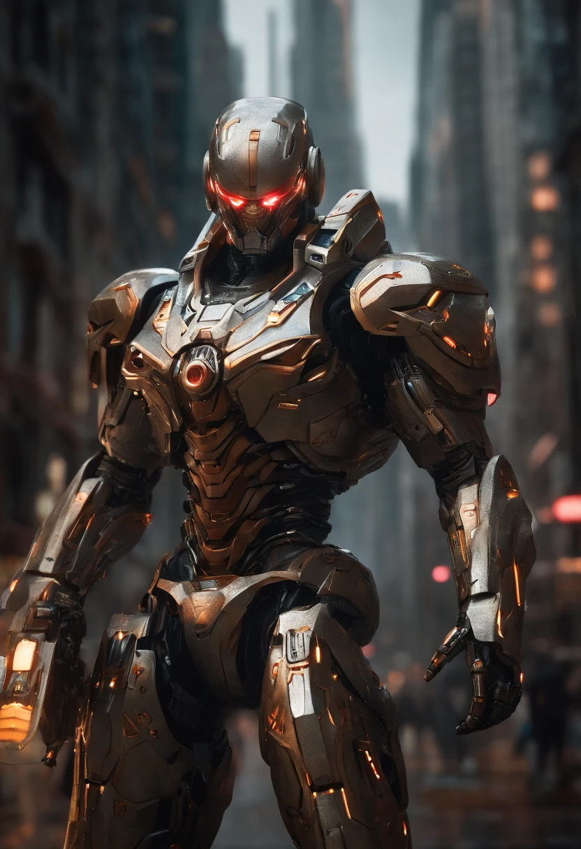 (an 8K,highres,ultra-detailed,masterpiece:1.2) cyborg warrior with a metallic body and glowing red eyes, (realistic,physically-based rendering) reflecting light in a mesmerizing way. Equipped with a powerful arsenal of futuristic weaponry, this (ultra-fine painting) masterpiece portrays the ultimate fusion of technology and warfare. The robotic soldier stands tall, with intricate (mechanical joints and pistons), radiating strength and power. Its (sharp focus) showcases the most intricate details of its armor, accentuating the futuristic design. The background is a dystopian cityscape, bathed in (vivid colors) that contrast the cold metallic hues of the robotic warrior. The lighting is (studio lighting:1.1), casting dramatic shadows and enhancing the overall atmosphere. With an influence from (sci-fi) and (concept artists), this artwork transports us to a world where advanced technology and art converge, captivating our imagination and blurring the lines between reality and fantasy.