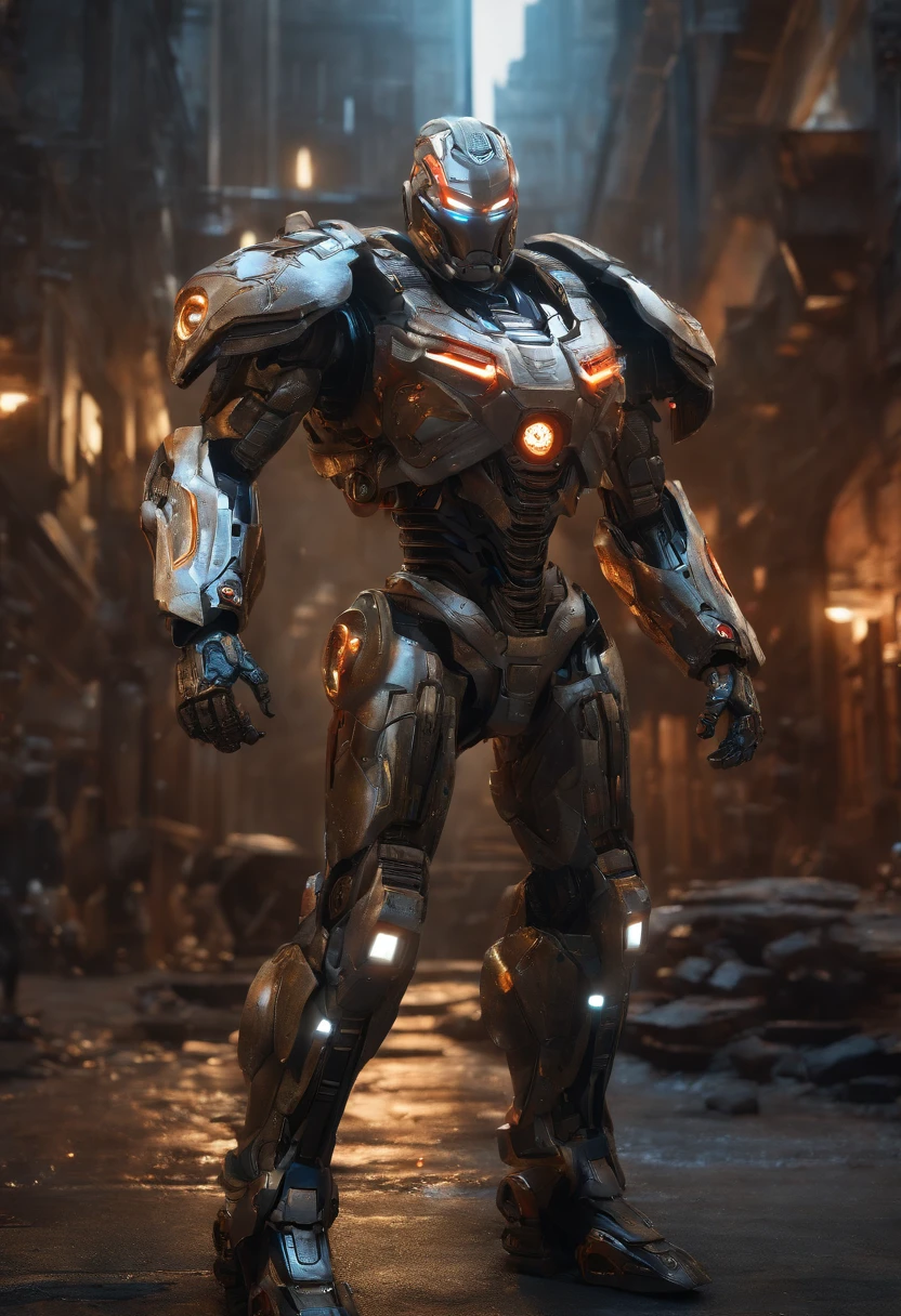 (an 8K,highres,ultra-detailed,masterpiece:1.2) cyborg warrior with a metallic body and glowing red eyes, (realistic,physically-based rendering) reflecting light in a mesmerizing way. Equipped with a powerful arsenal of futuristic weaponry, this (ultra-fine painting) masterpiece portrays the ultimate fusion of technology and warfare. The robotic soldier stands tall, with intricate (mechanical joints and pistons), radiating strength and power. Its (sharp focus) showcases the most intricate details of its armor, accentuating the futuristic design. The background is a dystopian cityscape, bathed in (vivid colors) that contrast the cold metallic hues of the robotic warrior. The lighting is (studio lighting:1.1), casting dramatic shadows and enhancing the overall atmosphere. With an influence from (sci-fi) and (concept artists), this artwork transports us to a world where advanced technology and art converge, captivating our imagination and blurring the lines between reality and fantasy.