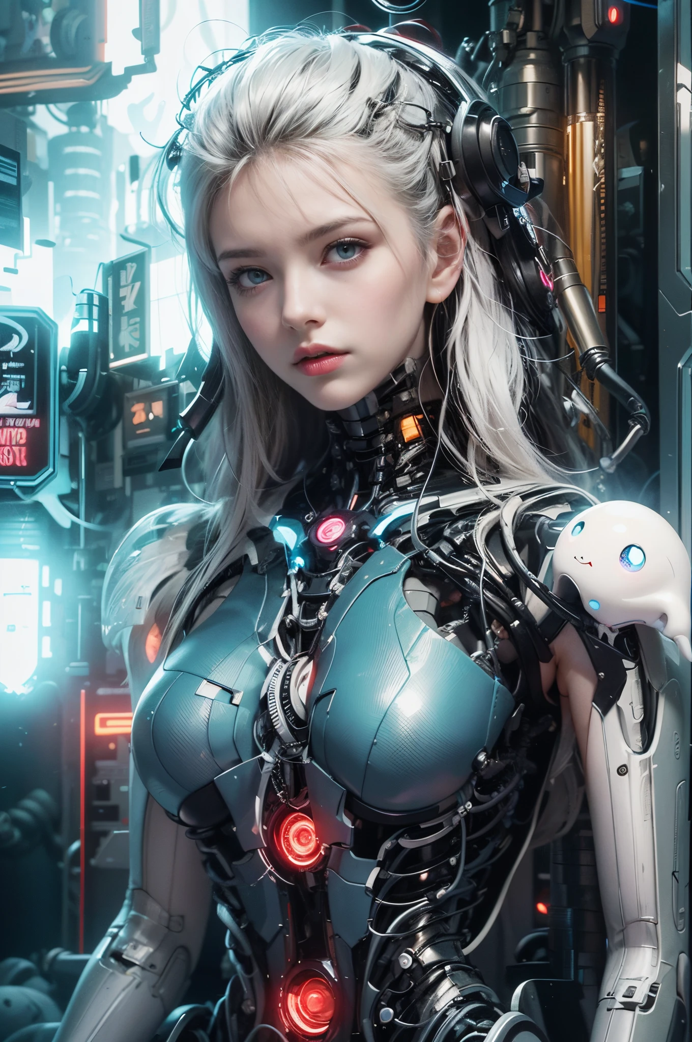 Top Quality, Masterpiece, Ultra High Resolution, ((Photorealistic: 1.4), Raw Photo, 1 cyberpunk Girl, Glossy Skin, 1 Mechanical Girl, (Ultra Realistic Details)), mechanical limbs, tubes connected to the mechanical parts, mechanical vertebrae attached to the spine, mechanical cervical attachment to the neck, wires and cables connecting to the head, Evangelion, Ghost in the Shell, small glowing LED lamps, global lighting, deep shadows, Octane Rendering, 8K, Ultra Sharp, Metal, Intricate Ornament Details, baroque details, Very intricate details, realistic light, CGSoation trend, facing the camera, neon details, (android manufactory in background), art by H.R. Giger and Alphonse Mucha.