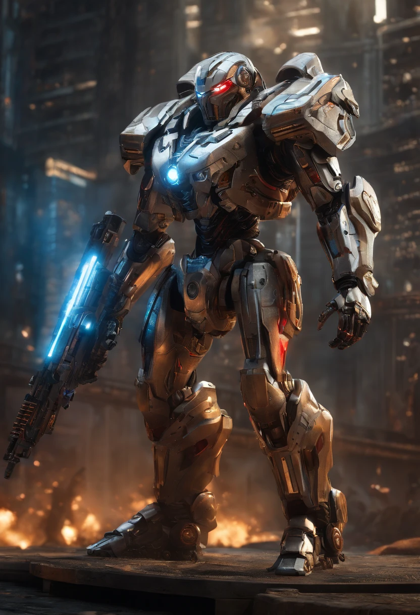 (an 8K,highres,ultra-detailed,masterpiece:1.2) cyborg warrior with a metallic body and glowing red eyes, (realistic,physically-based rendering) reflecting light in a mesmerizing way. Equipped with a powerful arsenal of futuristic weaponry, this (ultra-fine painting) masterpiece portrays the ultimate fusion of technology and warfare. The robotic soldier stands tall, with intricate (mechanical joints and pistons), radiating strength and power. Its (sharp focus) showcases the most intricate details of its armor, accentuating the futuristic design. The background is a dystopian cityscape, bathed in (vivid colors) that contrast the cold metallic hues of the robotic warrior. The lighting is (studio lighting:1.1), casting dramatic shadows and enhancing the overall atmosphere. With an influence from (sci-fi) and (concept artists), this artwork transports us to a world where advanced technology and art converge, captivating our imagination and blurring the lines between reality and fantasy.