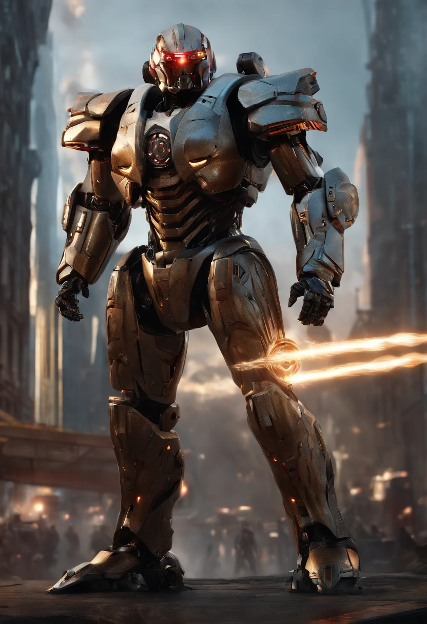 (an 8K,highres,ultra-detailed,masterpiece:1.2) cyborg warrior with a metallic body and glowing red eyes, (realistic,physically-based rendering) reflecting light in a mesmerizing way. Equipped with a powerful arsenal of futuristic weaponry, this (ultra-fine painting) masterpiece portrays the ultimate fusion of technology and warfare. The robotic soldier stands tall, with intricate (mechanical joints and pistons), radiating strength and power. Its (sharp focus) showcases the most intricate details of its armor, accentuating the futuristic design. The background is a dystopian cityscape, bathed in (vivid colors) that contrast the cold metallic hues of the robotic warrior. The lighting is (studio lighting:1.1), casting dramatic shadows and enhancing the overall atmosphere. With an influence from (sci-fi) and (concept artists), this artwork transports us to a world where advanced technology and art converge, captivating our imagination and blurring the lines between reality and fantasy.