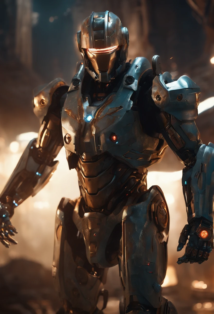 (an 8K,highres,ultra-detailed,masterpiece:1.2) cyborg warrior with a metallic body and glowing red eyes, (realistic,physically-based rendering) reflecting light in a mesmerizing way. Equipped with a powerful arsenal of futuristic weaponry, this (ultra-fine painting) masterpiece portrays the ultimate fusion of technology and warfare. The robotic soldier stands tall, with intricate (mechanical joints and pistons), radiating strength and power. Its (sharp focus) showcases the most intricate details of its armor, accentuating the futuristic design. The background is a dystopian cityscape, bathed in (vivid colors) that contrast the cold metallic hues of the robotic warrior. The lighting is (studio lighting:1.1), casting dramatic shadows and enhancing the overall atmosphere. With an influence from (sci-fi) and (concept artists), this artwork transports us to a world where advanced technology and art converge, captivating our imagination and blurring the lines between reality and fantasy.