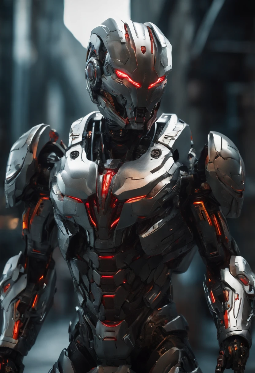 (an 8K,highres,ultra-detailed,masterpiece:1.2) cyborg warrior with a metallic body and glowing red eyes, (realistic,physically-based rendering) reflecting light in a mesmerizing way. Equipped with a powerful arsenal of futuristic weaponry, this (ultra-fine painting) masterpiece portrays the ultimate fusion of technology and warfare. The robotic soldier stands tall, with intricate (mechanical joints and pistons), radiating strength and power. Its (sharp focus) showcases the most intricate details of its armor, accentuating the futuristic design. The background is a dystopian cityscape, bathed in (vivid colors) that contrast the cold metallic hues of the robotic warrior. The lighting is (studio lighting:1.1), casting dramatic shadows and enhancing the overall atmosphere. With an influence from (sci-fi) and (concept artists), this artwork transports us to a world where advanced technology and art converge, captivating our imagination and blurring the lines between reality and fantasy.