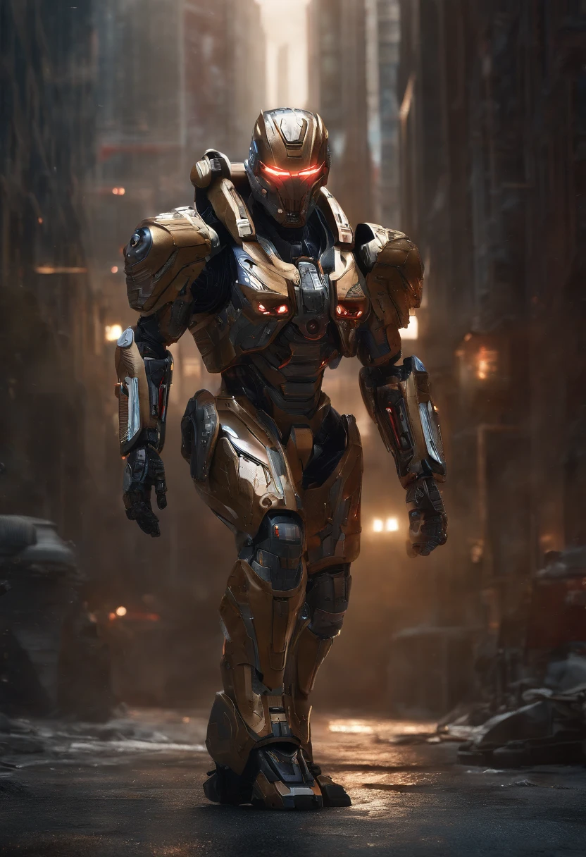 (an 8K,highres,ultra-detailed,masterpiece:1.2) cyborg warrior with a metallic body and glowing red eyes, (realistic,physically-based rendering) reflecting light in a mesmerizing way. Equipped with a powerful arsenal of futuristic weaponry, this (ultra-fine painting) masterpiece portrays the ultimate fusion of technology and warfare. The robotic soldier stands tall, with intricate (mechanical joints and pistons), radiating strength and power. Its (sharp focus) showcases the most intricate details of its armor, accentuating the futuristic design. The background is a dystopian cityscape, bathed in (vivid colors) that contrast the cold metallic hues of the robotic warrior. The lighting is (studio lighting:1.1), casting dramatic shadows and enhancing the overall atmosphere. With an influence from (sci-fi) and (concept artists), this artwork transports us to a world where advanced technology and art converge, captivating our imagination and blurring the lines between reality and fantasy.