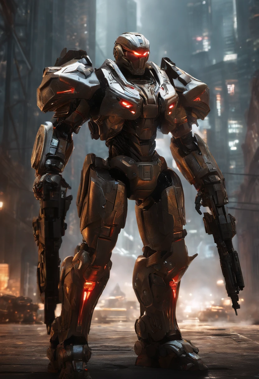 (an 8K,highres,ultra-detailed,masterpiece:1.2) cyborg warrior with a metallic body and glowing red eyes, (realistic,physically-based rendering) reflecting light in a mesmerizing way. Equipped with a powerful arsenal of futuristic weaponry, this (ultra-fine painting) masterpiece portrays the ultimate fusion of technology and warfare. The robotic soldier stands tall, with intricate (mechanical joints and pistons), radiating strength and power. Its (sharp focus) showcases the most intricate details of its armor, accentuating the futuristic design. The background is a dystopian cityscape, bathed in (vivid colors) that contrast the cold metallic hues of the robotic warrior. The lighting is (studio lighting:1.1), casting dramatic shadows and enhancing the overall atmosphere. With an influence from (sci-fi) and (concept artists), this artwork transports us to a world where advanced technology and art converge, captivating our imagination and blurring the lines between reality and fantasy.