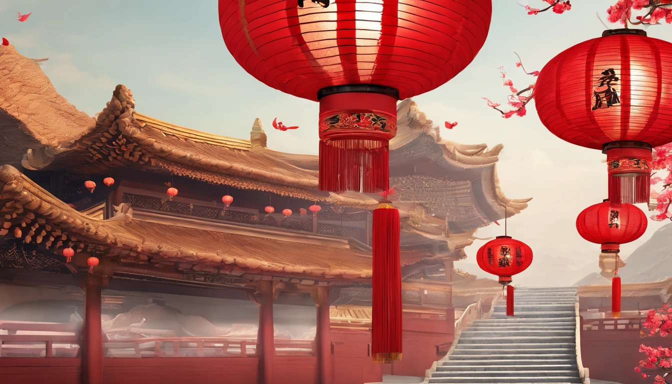 Very beautiful red lantern 3D，Lots of lanterns，Chinese New Year scene，Large depth of field perspective，chineseidol，Vivid effects and details，Excellent picture quality，A high resolution