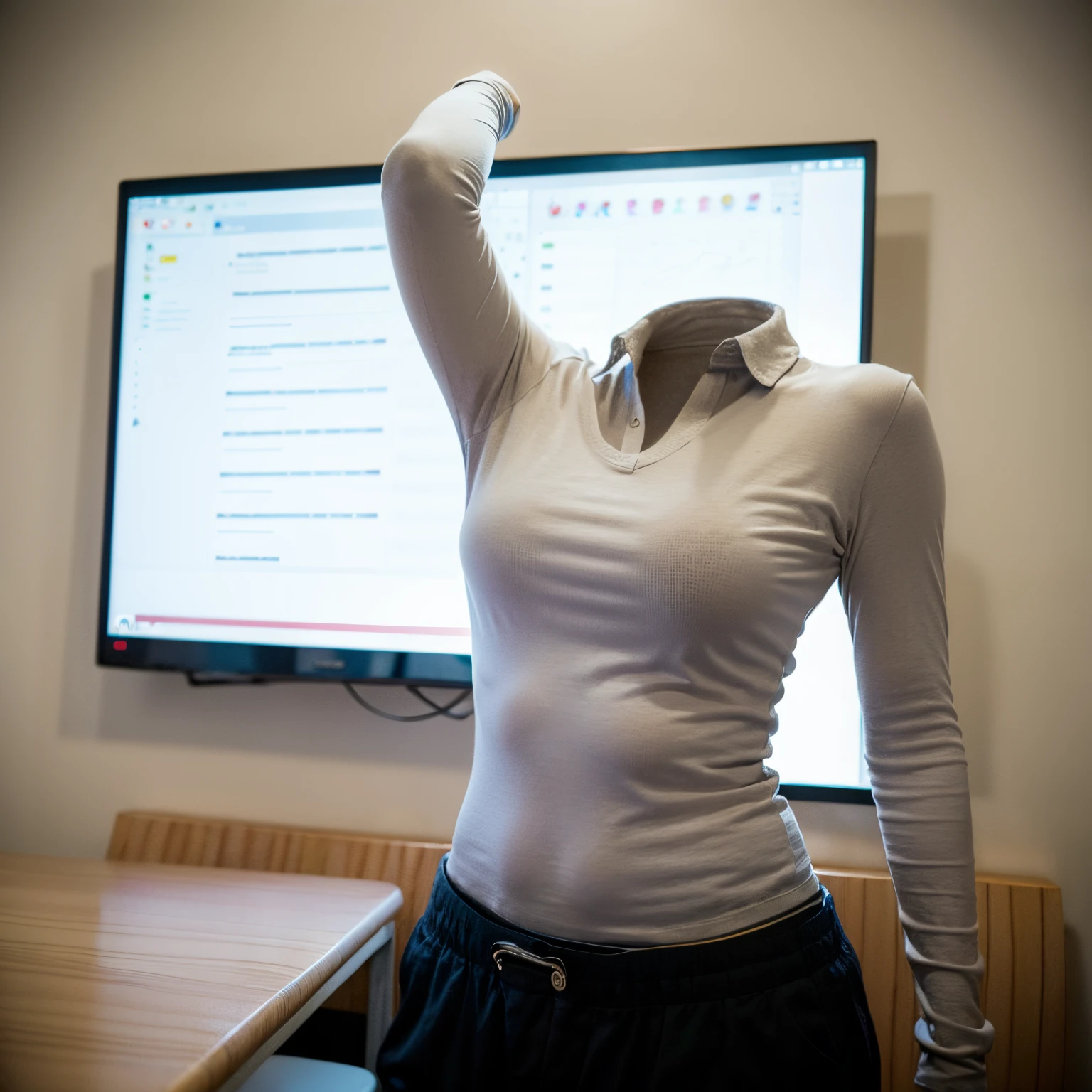 chubby, fat, long sleeve, leggings, school uniform, classroom, high school, (Seductive pose), (invisible:1.5, no humans:1.5, headless:1.5, faceless:1.5), (cute big breasts), (8k, RAW photo, best quality, masterpiece:1.2), (realistic, photo-realistic:1.37), photon mapping, radiosity, ((Hasselblad photography)), physically-based rendering