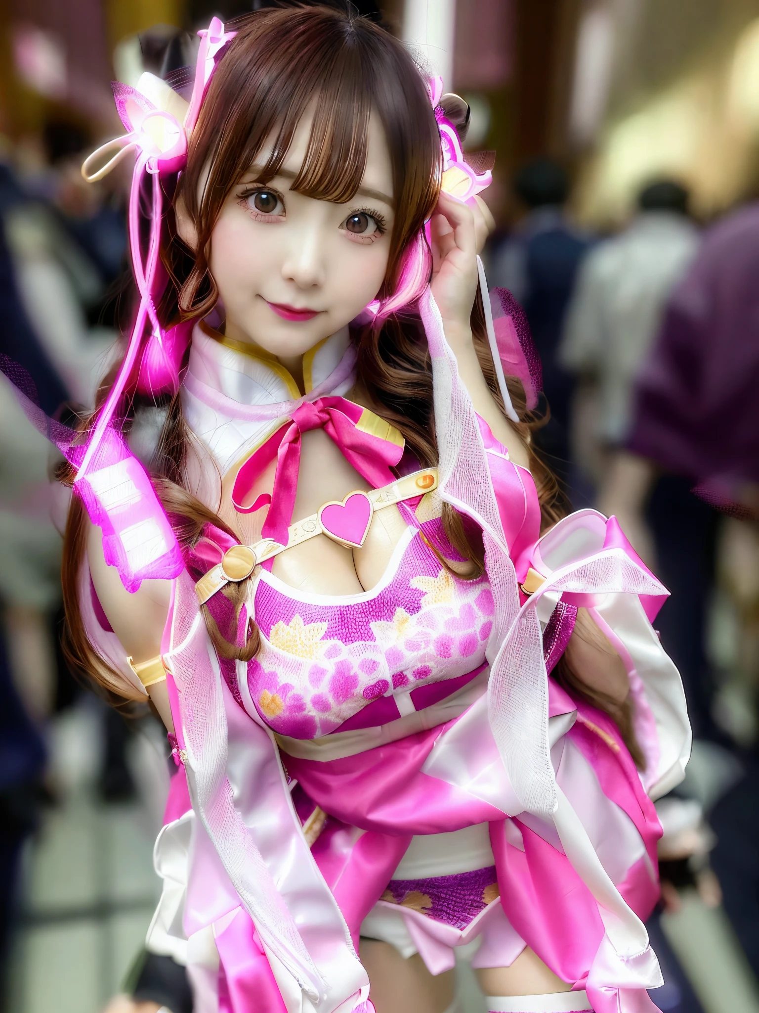 A woman wearing pink and white costume is taking a photo, Anime girl cosplay, Anime Cosplay, Cosplay, cosplay foto, cosplayer, goddess of Japan, Belle Delphine, Ayaka Cosplay, kinomoto sakura, professional cosplay, high quality costume, sakimichan, anime goddess, Lori, Ahegao, chinese costume, shikamimi