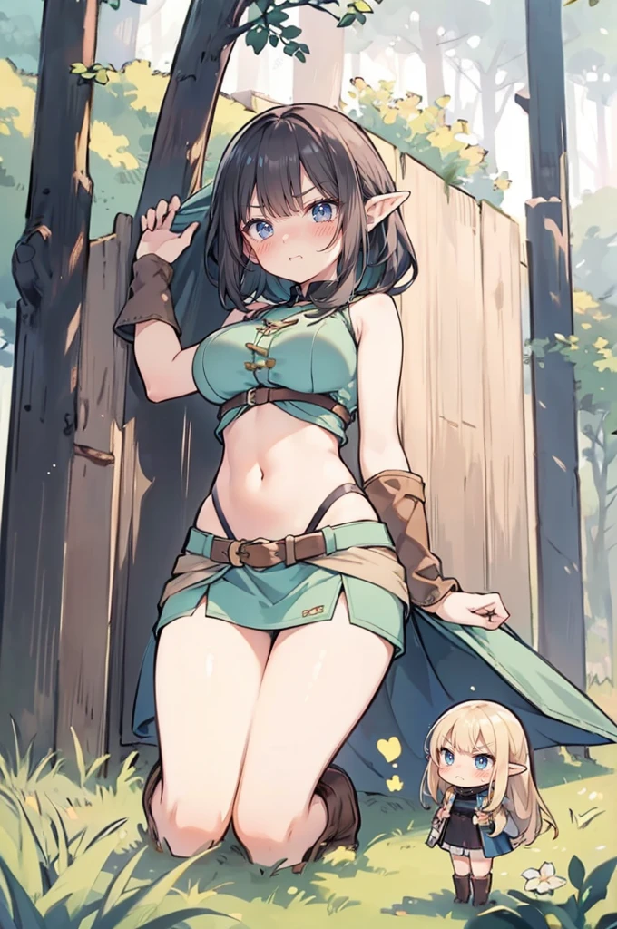 fantasy, nature, grass, forest, (height_difference:1.4), (giantess:1.4), (2girls:1.4), a girl at the feet of a giantess, from below, below view, a giantess looking down at a girl, a giantess looming over a girl, a nature forest wall, (wooden wall: 1.4), giantess elfgirl, big breasts, navel, boots, smug, angry, blushing, looking down,
long hair, (Masterpiece), (Best Definition Animated Illustration), (Super Definition),