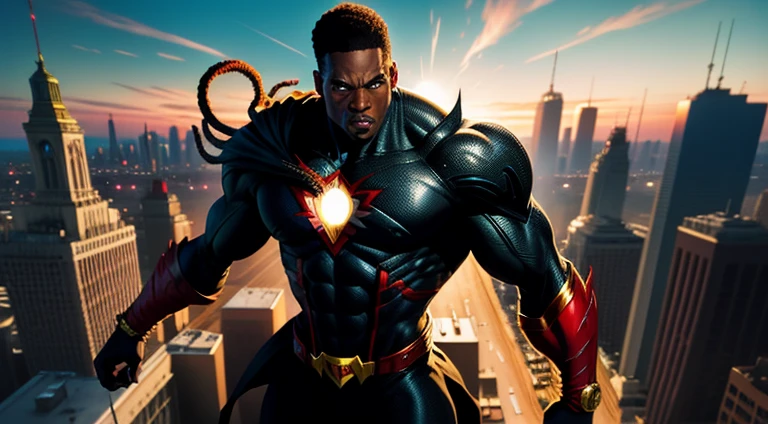 Spawn Comic book style black man superhero standing on top of a building looking down on the city