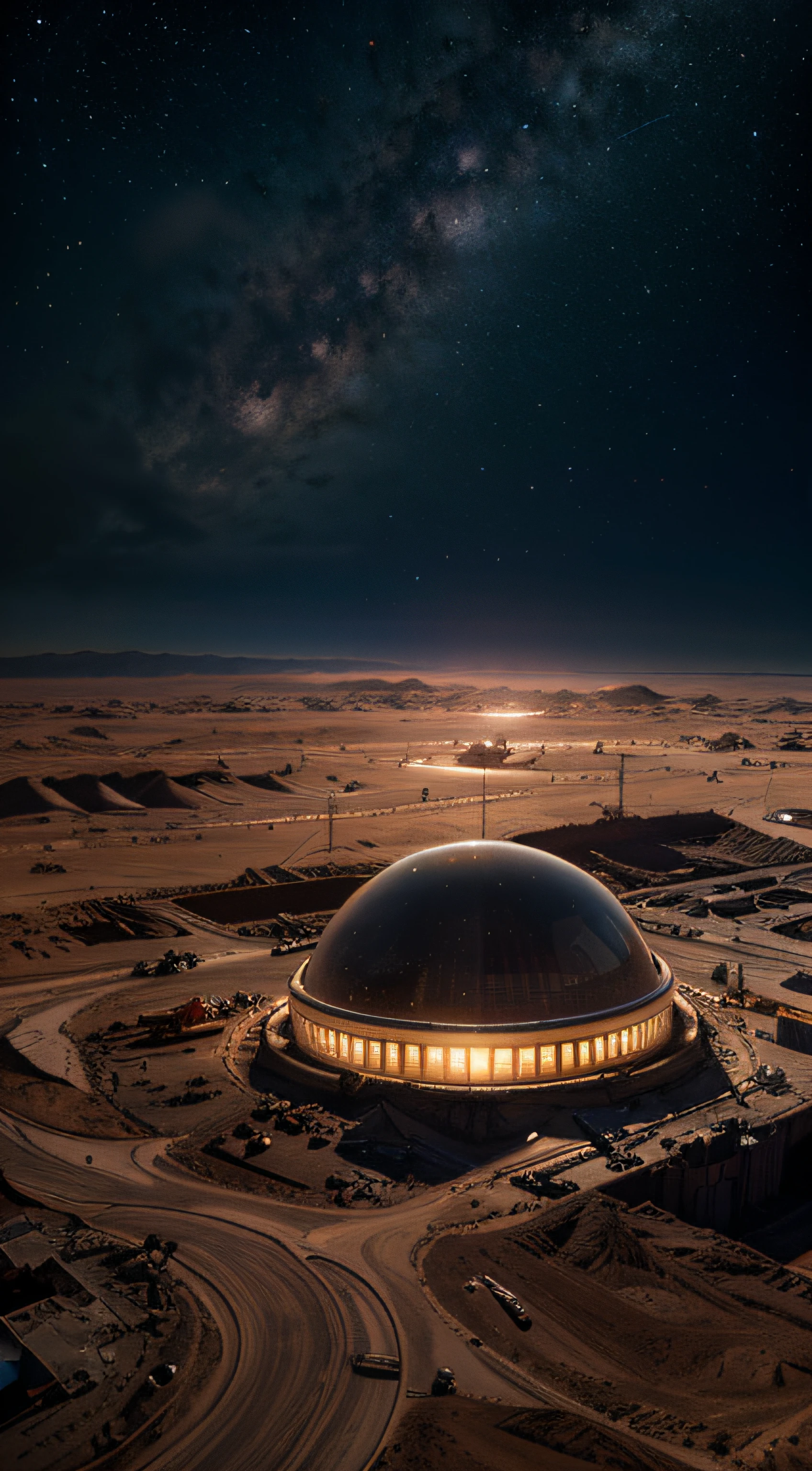 Mars, many high-tech bases are under construction, built glass dome bases are distributed over a wide land, starry sky, construction base details, ultra-wide angle lens, high reality, chiaroscuro,