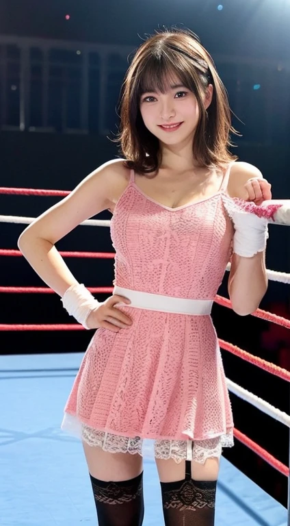 Top image quality,(Lori,15yo student, teens), (lacy fabric,Pink dress swimsuit), Very small breasts,(straight haired,short-hair,bangss),Stand in the ring of professional wrestling,extremely detailed face and skin, Detailed eyes, Double eyelids, Grinning smile,Put your hands on your hips,knee high socks,Lace gloves, Fights in professional wrestling、Fighting、Stand alone in the ring,Nogizaka46