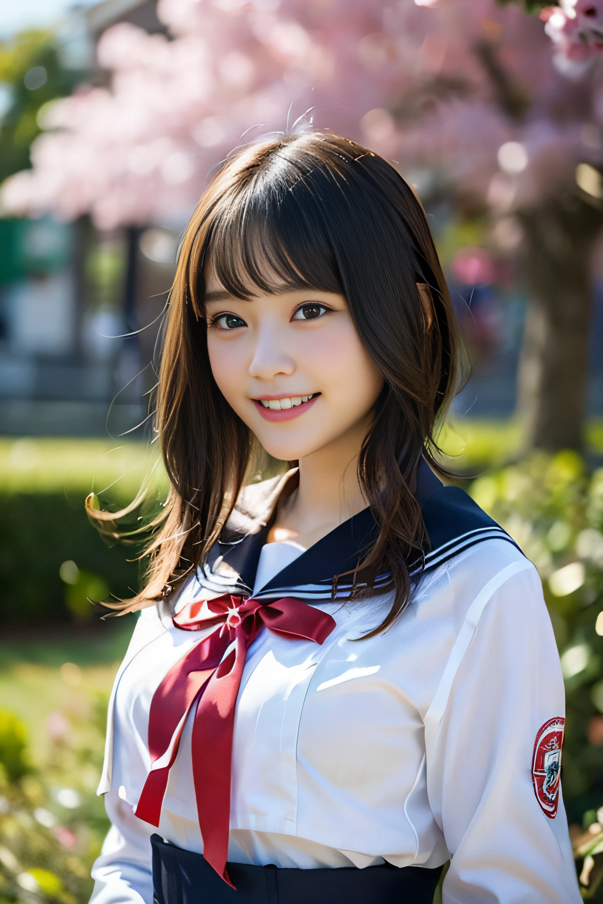 (((beautiful japanese high school girl))) 、1 person、twin tails、(((At the cherry blossom trees in bloom)))、doing a sexy pose、(((Revealing sailor suit)))、(((Glamour)))、((smile))、photorealistic、With a clearer image、beautiful detailed eyes、hyper realism、high contrast、Ultra HD、realistic skin texture、Highest image quality、highest quality、ultra high resolution、Finely detailed、very carefully
