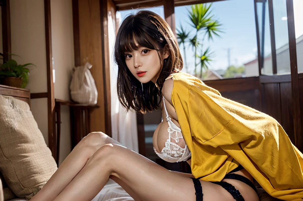 SeaArt Bot Txt2Img default 14:13:56 (8K、RAW Photography、top-quality)、(realisitic、Photorealsitic:1.37)、1人、japanes、23years old、Angle of a woman's back、body bound with hemp rope、ln the forest、(Realistic, Photorealistic: 1.37), (Face Focus: 1.1), Cute face, ,Upper eyes、Rear view、SEXY Pose、sexy body,big hair ornament on dark brown hair、long hair bob cut、详细的脸、Detailed lips、detailedeyes、Fluffy kimono、More skin、SM Play、Big boobs tied with hemp rope(H-cup),large areola protruding、 garments(Transparent yellow kimono made of shiny satin), Kindness,gargantilha、Split sitting.( Wide legs open:1.2),Hemp rope that cuts into the crotch,、black net pattern garter belt、 Movie Lighting、BREAK (Natural Skin Texture、Detailed skin、Hyper-Realism、ultra sharpness)、超A high resolution、top-quality、shot from a low-angle
