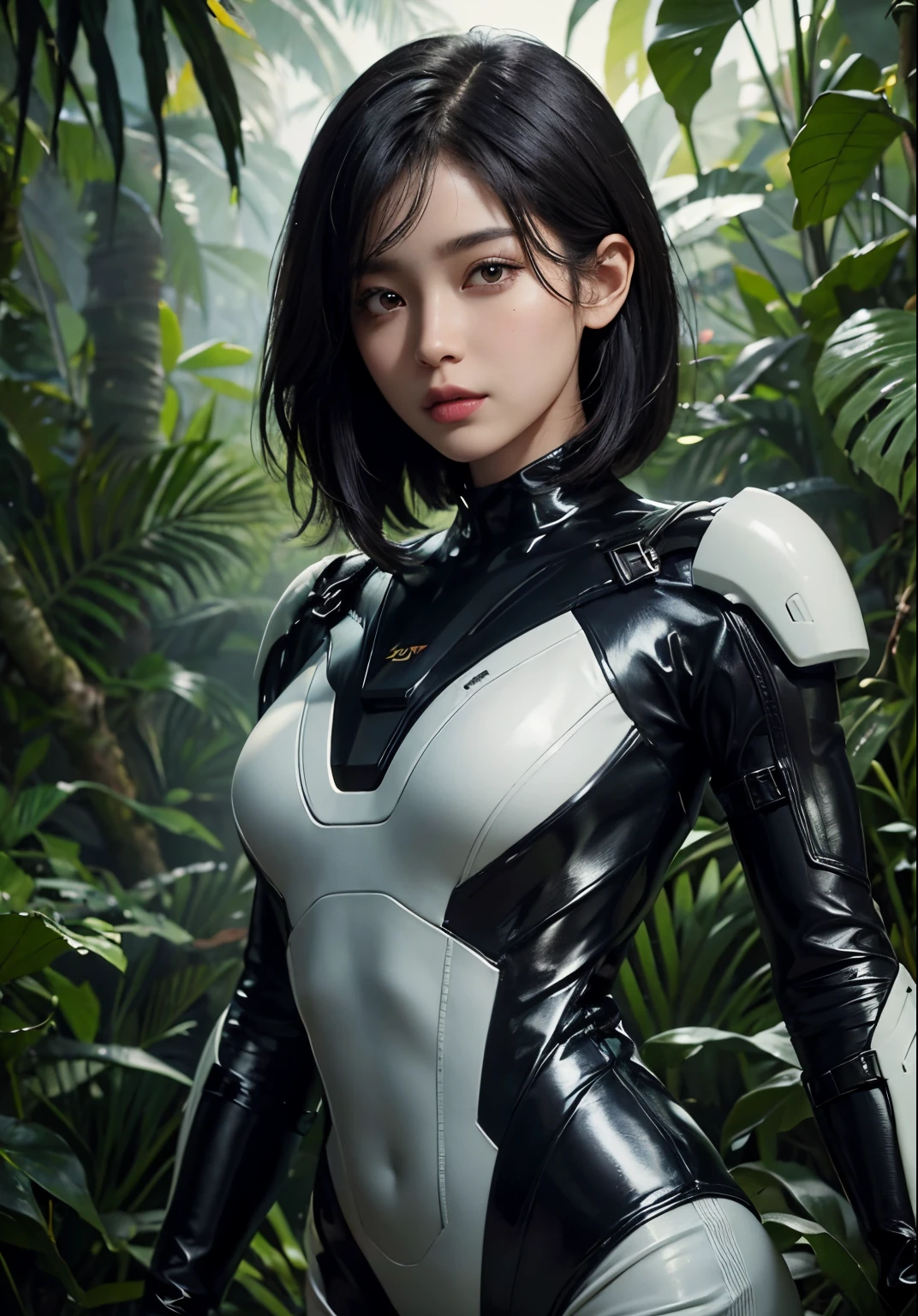 Upper body close-up image.A beautiful woman stands in the jungle. She is wearing something likeBlack hair. black eyes. a spacesuit. 8K quality.