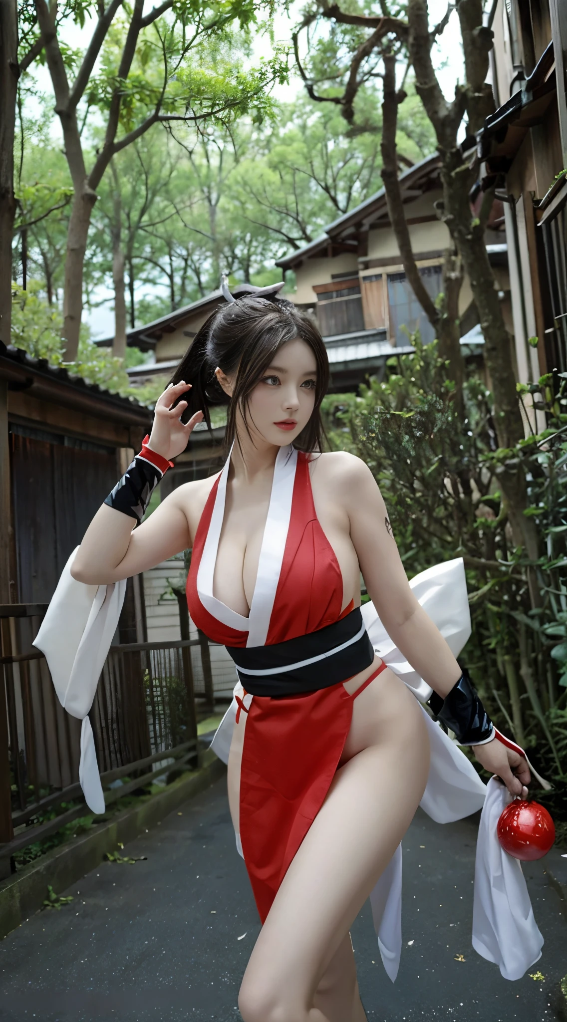 ,(1个Giant Breast Girl:1.3),(s fractal art:1.3)(good lighting:1.1),((A high resolution)),with brown eye,Long gray hair,Brown hair,white ribbons,Sleeveless clothes,pony tails,obi strip,pelvis curtain,The clothes ar,Japanese beautiful woman,Close-up of the upper body,A plump chest,Bigchest,low chest,Colossal tits, Huge cleavage: 1.2,bamboo forrest,ln the forest,Dress less,Less fabric,Japan Ninja,Broken,upper part of body,mai shiranui