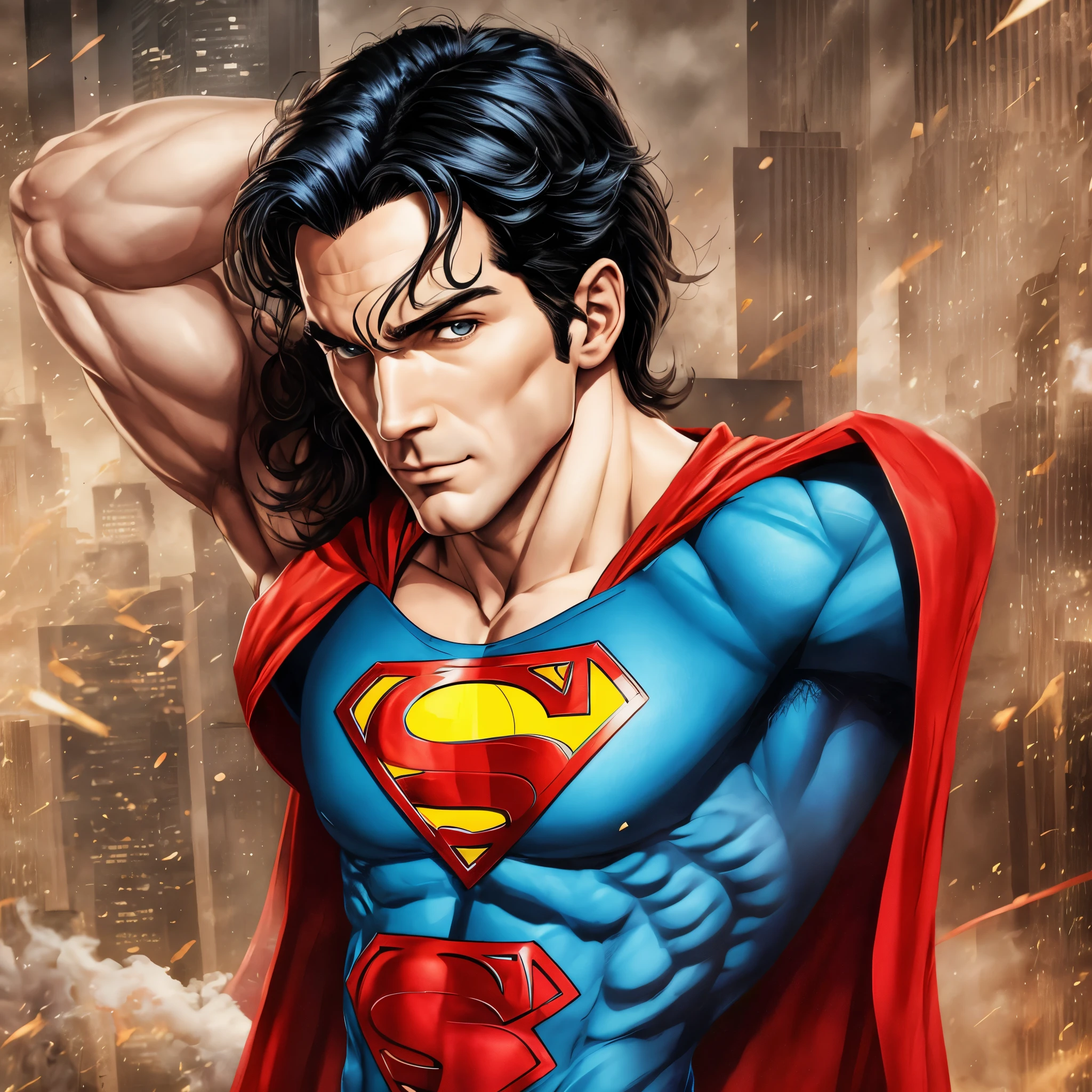 Superman with long hair and ponytail, perfect heroic face and strong, muscular and virile physique, flowing cape and is flying in open space under the city and is admired by Citizens as well as the protector of Metropolis, realistic and perspective image