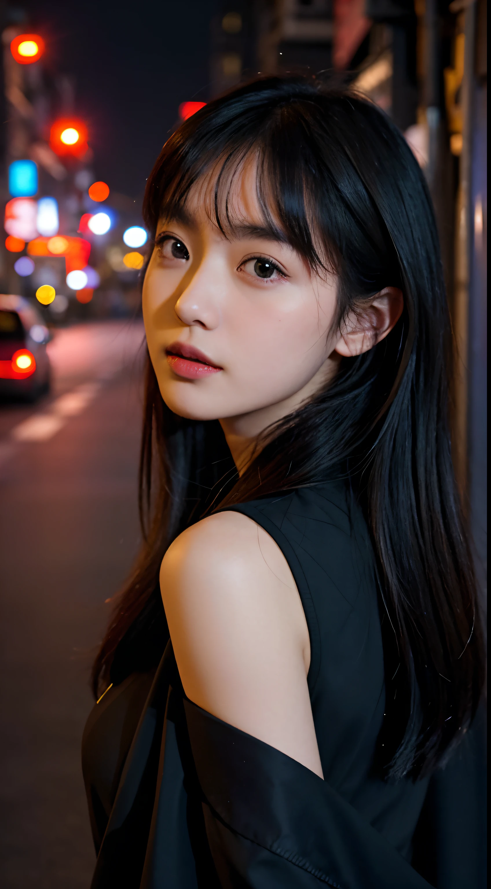 1girl, Tokyo street,night, cityscape,city lights, upper body,close-up, 8k, RAW photo, best quality, masterpiece,realistic, photo-realistic,