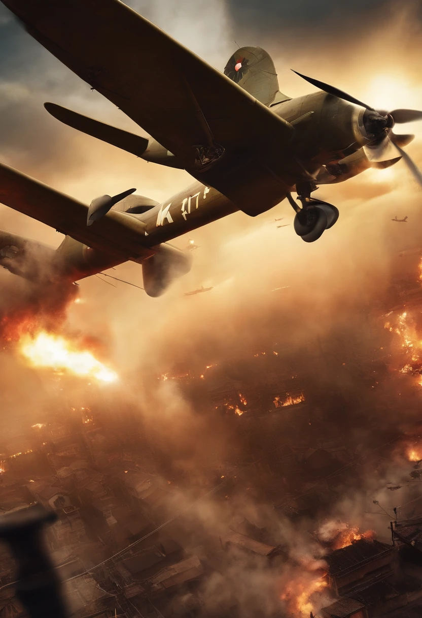 Scenes of Chengdu being attacked by air raids in 1940,Ki-21-Ia Type 97 heavy critical strike machine,I-15bis,UE5,Ray traching, motion blur, cinematic lighting, UHD, best quality, high details