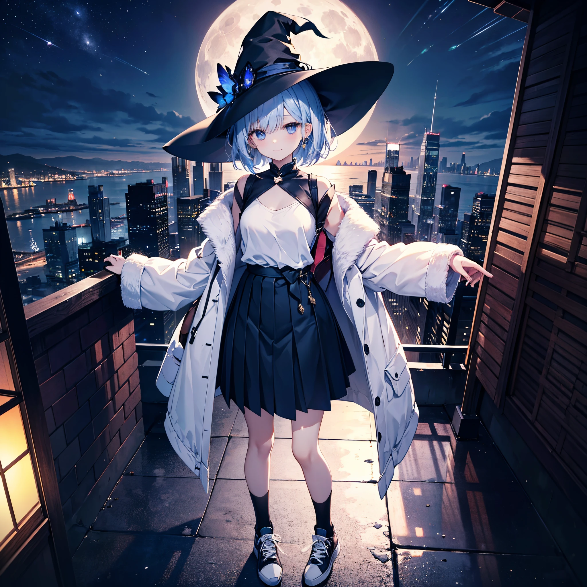 This is the rooftop of a skyscraper in the city.、It&#39;s late at night now.、You can see the night view of many low buildings in the background.、Photograph her from above、Small moon and starry sky、You can see the beautiful sea with the moonlight reflecting in the distance.、A 27-year-old woman with small breasts is standing there.、She wears a large black witch hat with sapphire accessories、Dark blue-purple medium short hair with white mesh and loose lob hair、Blue eyes with highlights、she is wearing a white t-shirt、She is wearing a long black coat over a white t-shirt、The front of the black long coat is open、She is wearing a black knee-length box pleated skirt、Black sneakers with white shoelaces、small tits、discreet breasts、A fragile smile、hiquality、High Details、high-level image quality、4K picture quality、beatiful backgrounds,drawn by Japanese ilastrator