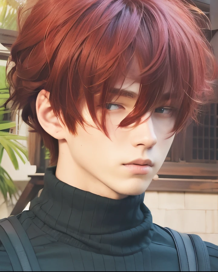 Adapt this character into realistic real life,A realistic red-haired teenage boy, the same realistic hairstyle, realistic Japanese handsome face, realistic cool expression, adapt exact clothing, realistic light, realistic shadows, realistic background