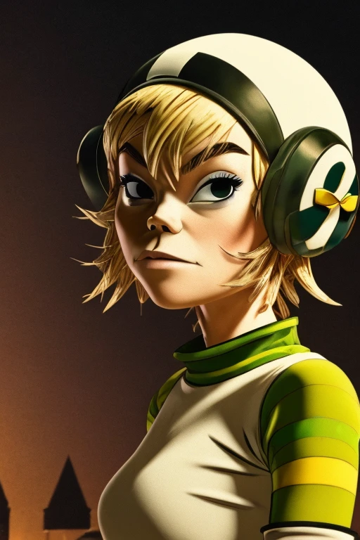 1girl, masterpiece, detailed face, beautiful, noodle (gorillaz), short blonde hair, helmet, short dress, striped sleeves, white gloves, party club, at night