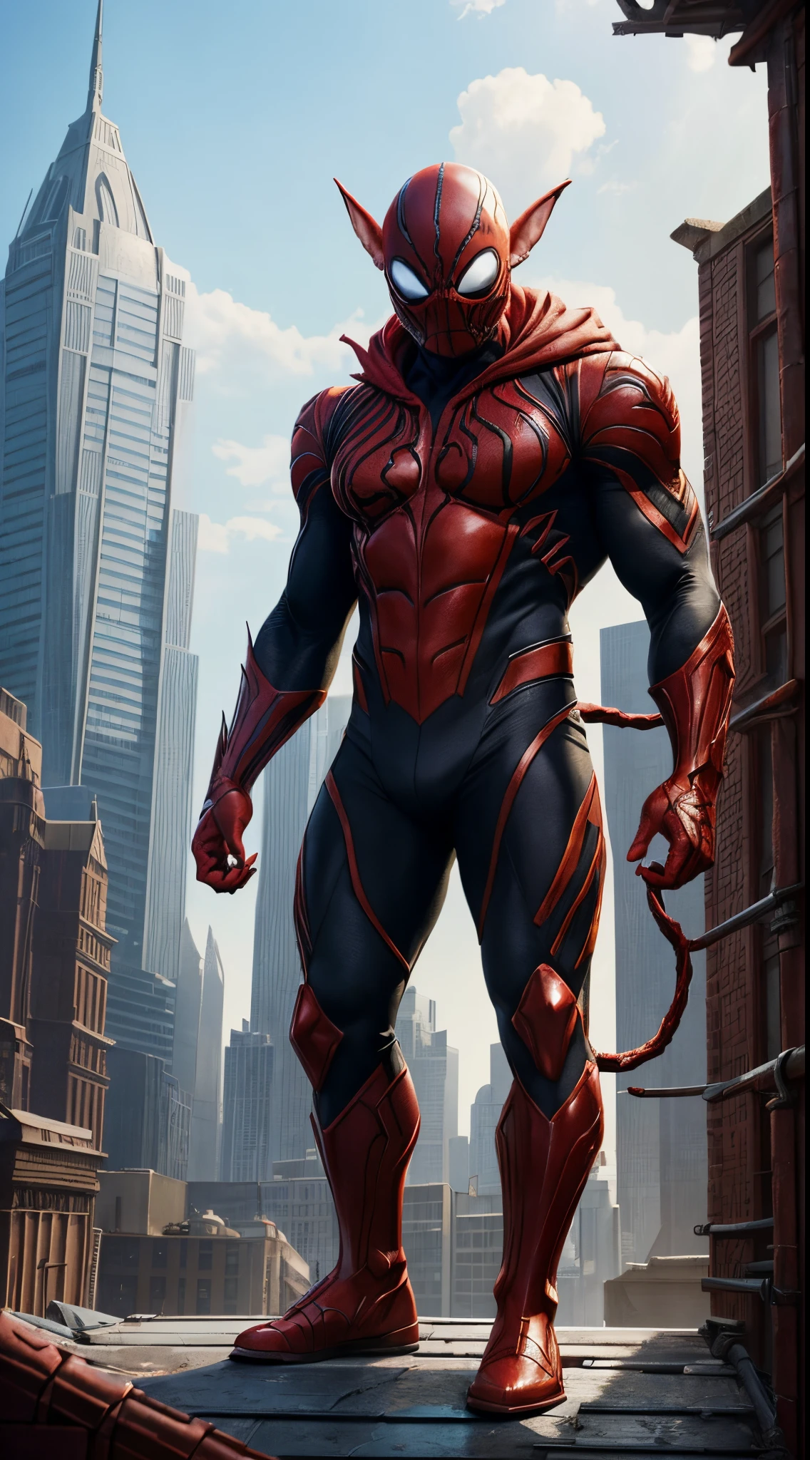 (((fully red))) symbiote suit, venom, , ((pointy ears)), ((goblin head)), tail, standing on a roof of the scyscraper, sunlight, sunny day, intricate, high detail, sharp focus, dramatic, photorealistic painting art by greg rutkowski