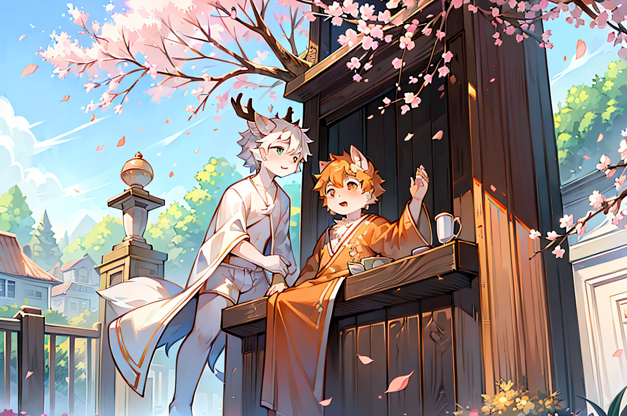 A white deer in a white robe,A black wolf in an orange robe,Beautiful garden,Peach blossom tree,falling flower petals,Clear blue sky,shota,lovely boy,two guys,Clear facial features,The two stood under the peach blossom tree