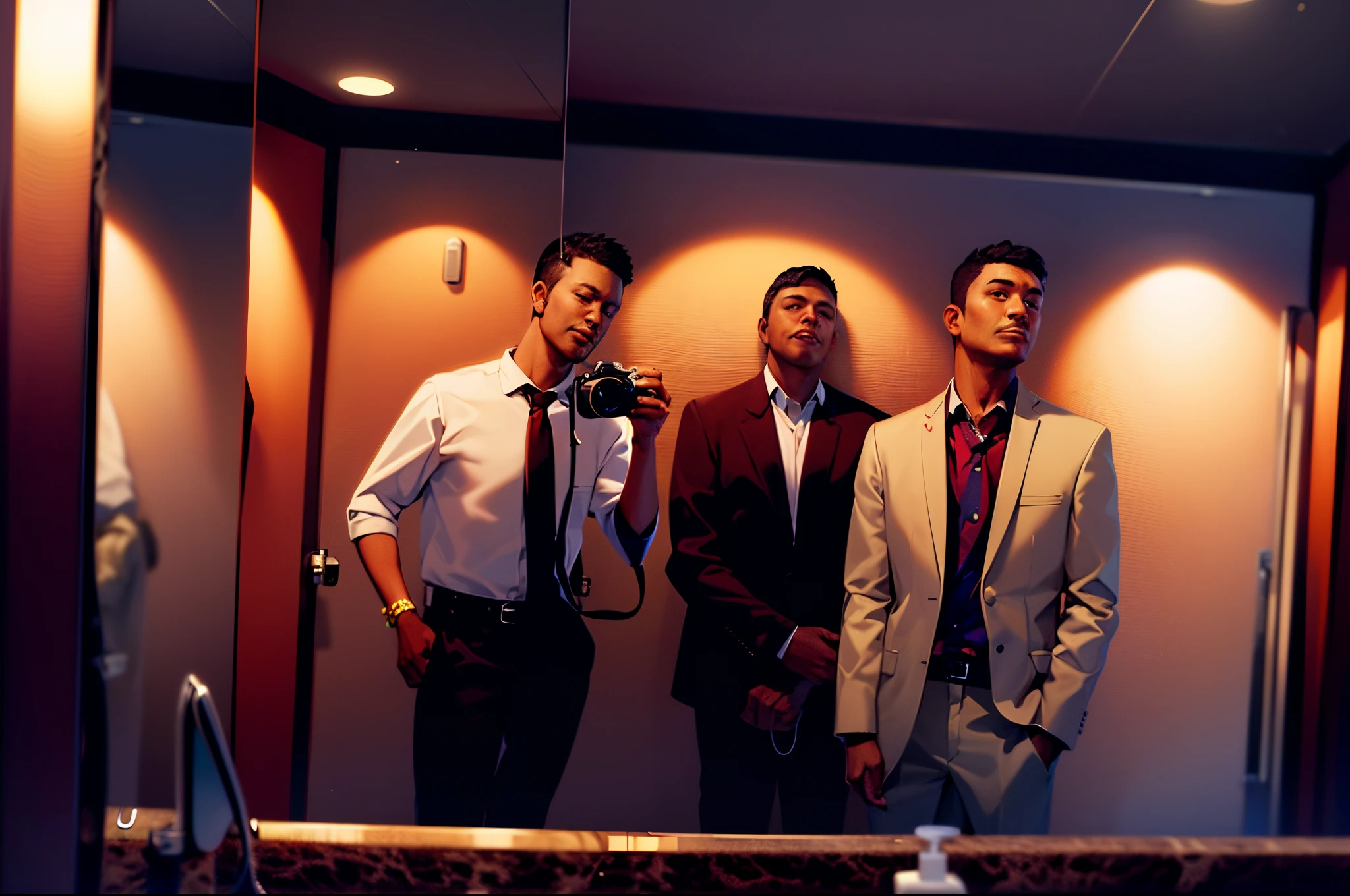 three men in a bathroom taking a picture of themselves in the mirror, candid picture, photo taken in 2 0 2 0, in bathroom, wearing suits!, candid photo, in a bathroom, candid photography, taken in night club, taken with canon 5d mk4, taken with canon 8 0 d, taken with a canon eos 5 d