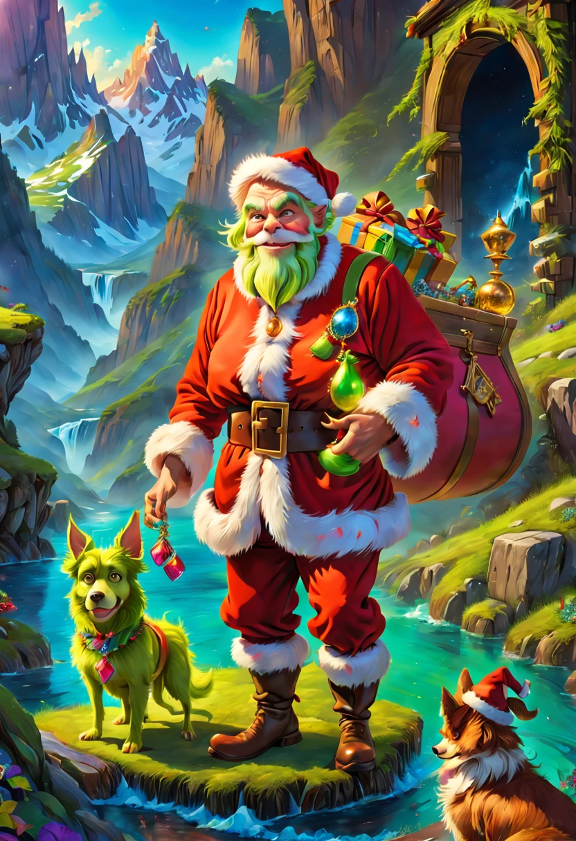 The Grinch is exploring,Dress up as Santa Claus,With dogs,hole in the mountains,flowingwater,treasure chests,jewely,(traditional art, illustratio, Exquisite、Best quality、ultra - detailed、nice、Positioning details,RGB color, Surrealism, Luminism, Ghibli-like colours, Verism, UHD, masterpiece, ccurate, anatomically correct, textured skin, super detail, high quality, award winning, best quality, 8k,vibrant with colors,high saturated, ultra-wide-angle, En plein air, Pixar)