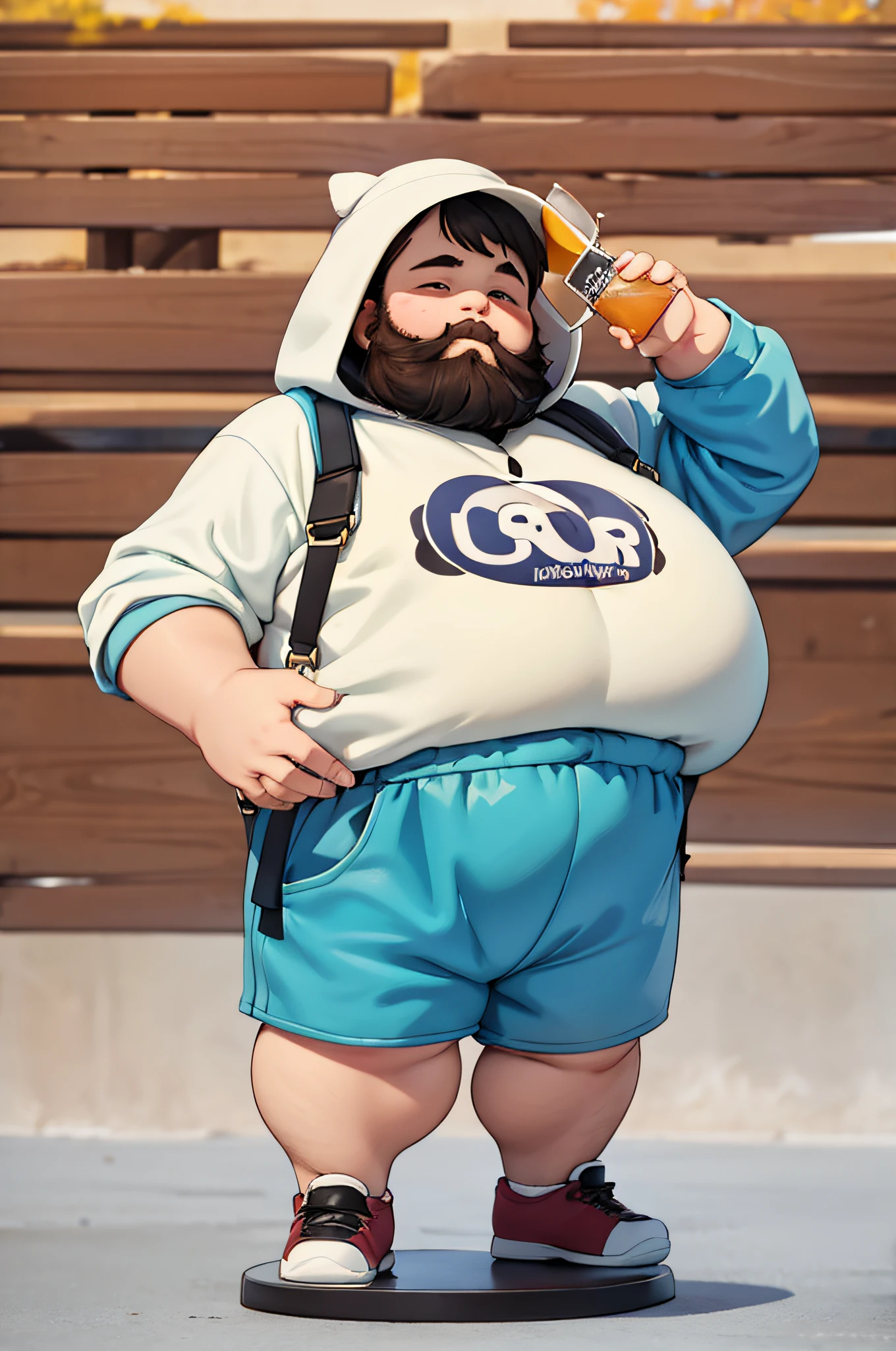 very fat man,Has a fat and cute face,big beard,Wear a hooded sweatshirt,Clothes hooded sweatshirt,The lower body is shorts,Hold your belly,round arms,No hair,Happy with a glass of beer in the sun,Wearing overalls,Q version,Moe new,kawaii,Stupid,simple,full body shape,European people,chunky,Small head。