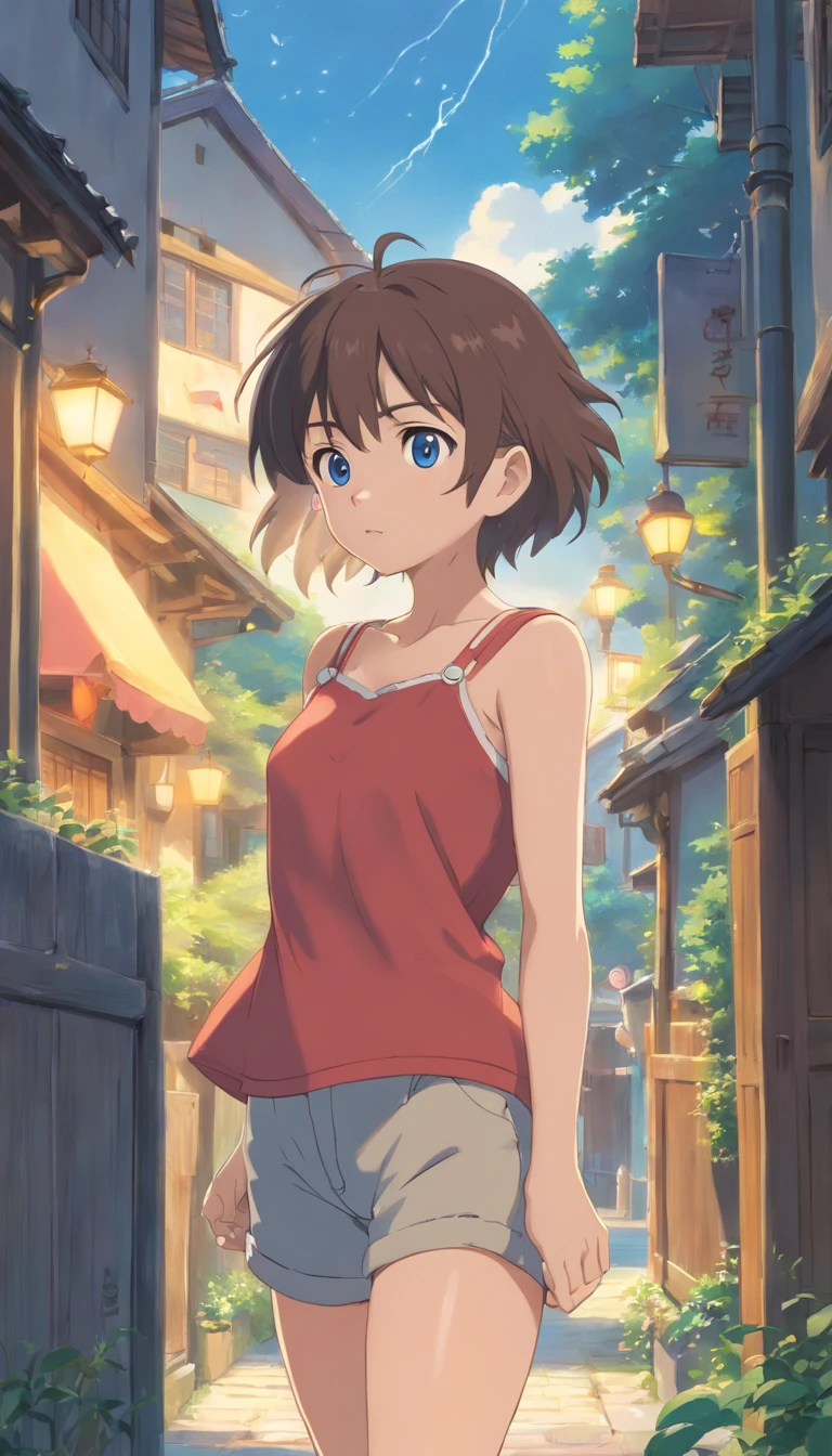 &quot;((workshop)), Perfect Quality, fat, Bulging, s whole body, Stunning Beauty, Jean Pavonian, Small breasts, (High-quality animation, makoto sinkai), angry, blush, Standing on the street near the river next to the village, hands on breasts, Looking at the viewer, Without gauntlets. Short hair fluttering in the wind, The background is simple and blue., The gaze is directed downwards at a low angle, Bright lightning.