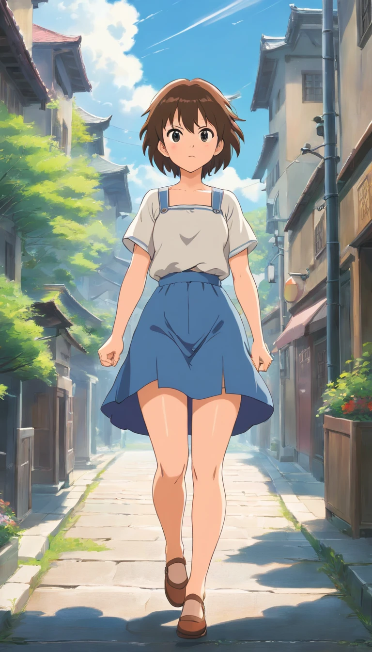 "((workshop)), Perfect Quality, fat, Bulging, s whole body, Stunning Beauty, Jean Pavonian, Small breasts, (High-quality animation, makoto sinkai), angry, blush, Standing on the street near the river next to the village, hands on breasts, Looking at the viewer, Without gauntlets. Short hair fluttering in the wind, The background is simple and blue., The gaze is directed downwards at a low angle, Bright lightning.