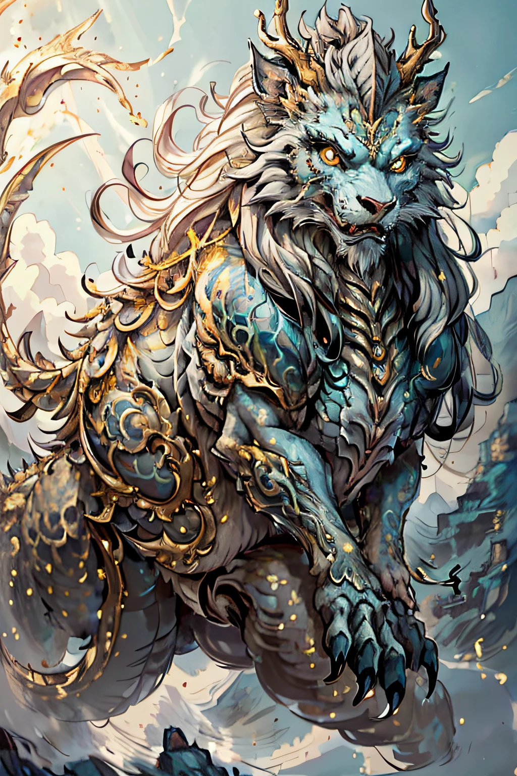Ride monsters,1个Giant Breast Girl,,Anatomical correct,Long gray hair,dragon monsters,female focus,sitted,Oriental elements,Ink painting style, clean color,golden space, gentlesoftlighting, ( bokeh),tmasterpiece, 超詳細, Epic work, Best quality at best, Image of Asian landscape,There are mountains and birds in the air,In a fantastical otherworldly visual style,Light cyan and gold,intricate map world,Illustration of a hyperrealistic,romantic cityscapes,detailed character illustrations,Organic shapes and curves 16k,Yamakawa,Rios,suns,Mountain and Sea Skylark Picture Scroll,Ancient mythology《Mountain and Sea Sutra》,mythical beast,Epic work,cel shadow,National style(Best quality at best,8K,A high resolution,tmasterpiece:1.2),ultra - detailed,(actual,realisticlying,Photorealistic:1.37),Ancient beasts from hell,Chinese mythology,Mountain and Sea Sutra,Mountains and sea,Ancient legends,mythological creatures,Sparkling golden scales,deer antlers,mane hair,Dragon whiskers,sharp talons,beast of prey,bucktooth,sparkling big eyes,