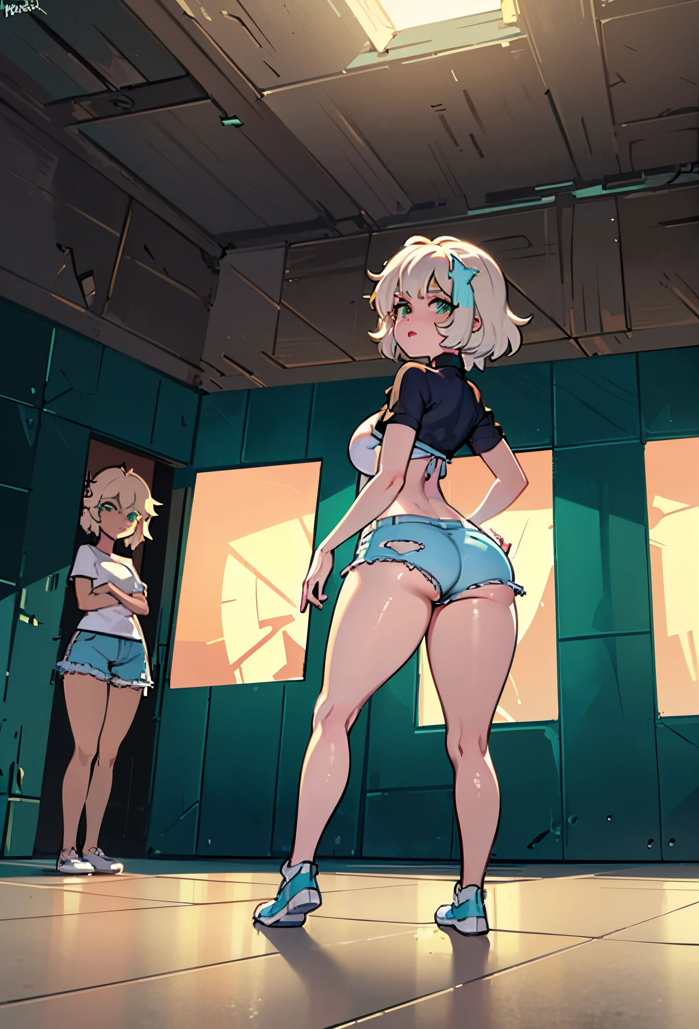 (best quality: 1.4), (Ultra detailed), (Light detailed), (Extremely detailed cute face), Amazing face and eyes, ((close-up of Jackie Lynn Thomas in a white top and aquamarine shorts, blonde hair, green eyes, short shorts, posing in back)), ((backside, from the behind, backshot)), full length photo, arm posing on hip, big hips, dark skin, wide hips, big breasts, tight clothing, dynamic pose, looking at the camera, great detail, tight clothing, posing in front of the mirror, flirtatious look, natural light, high detail, masterpiece, Beautiful breasts, beautiful, best quality, extremely detailed unified CG 8k wallpaper, high definition RAW color photos, Professional photography, Dynamic lighting, (((Bokeh))), Depth of fields,